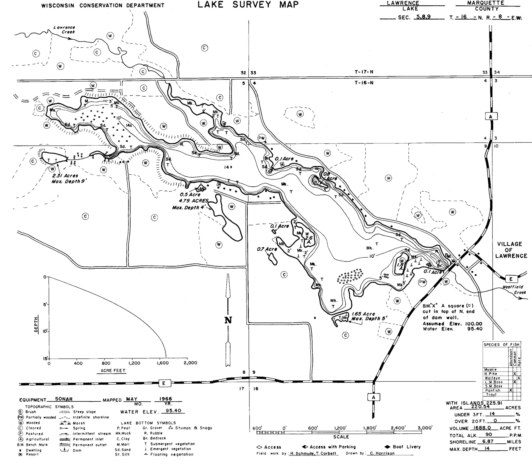 DNR survey map of Lawrence Pond, with depths in feet. Tap to zoom.
