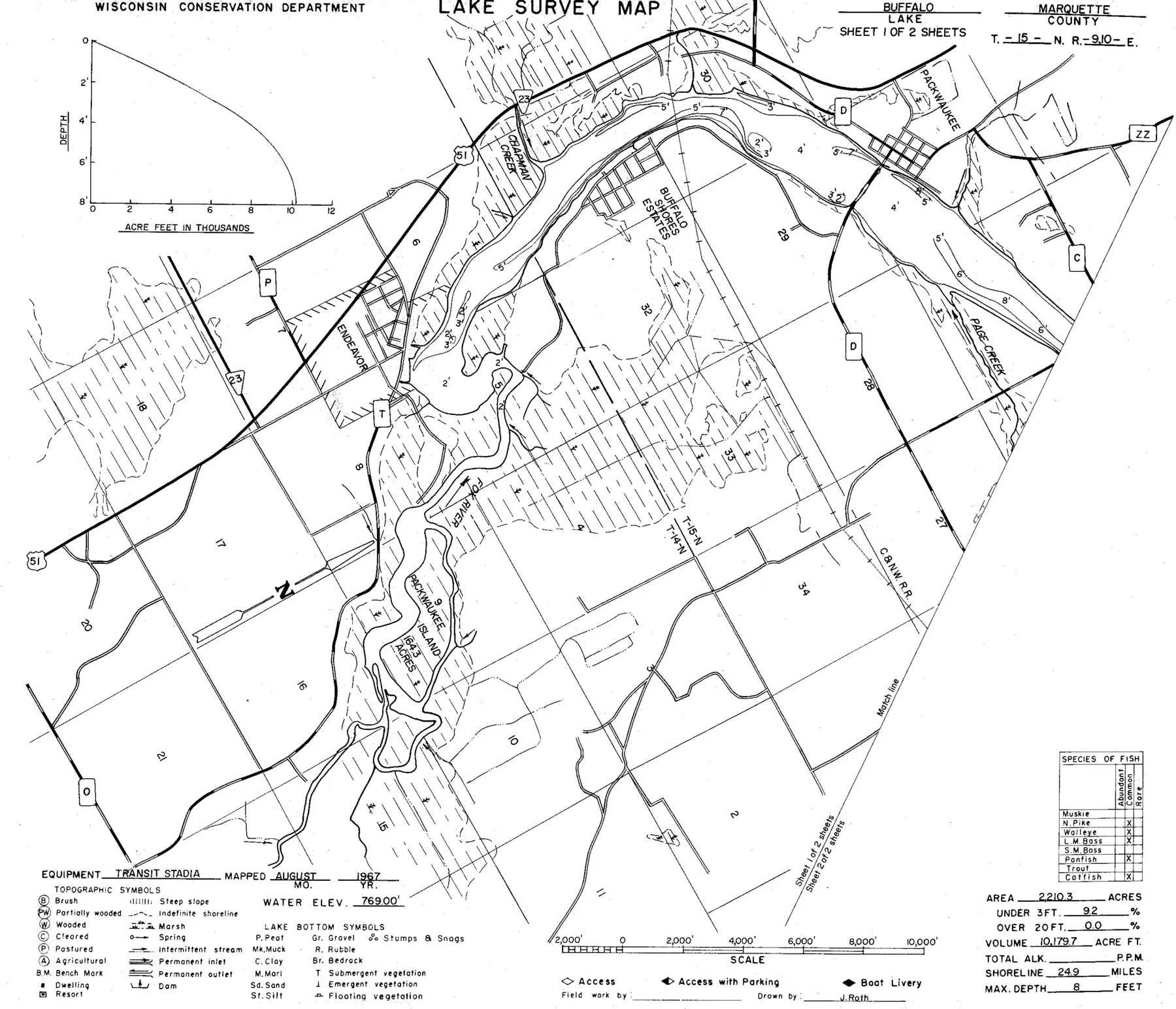 DNR survey map of Buffalo Lake, sheet 1 of 2, with depths in feet. Tap to zoom.