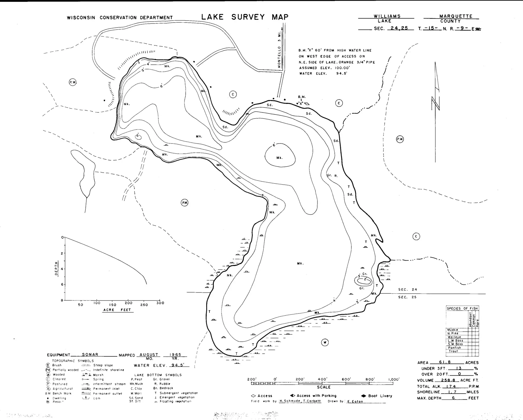 DNR survey map of Williams Lake, with depths in feet. Tap to zoom.