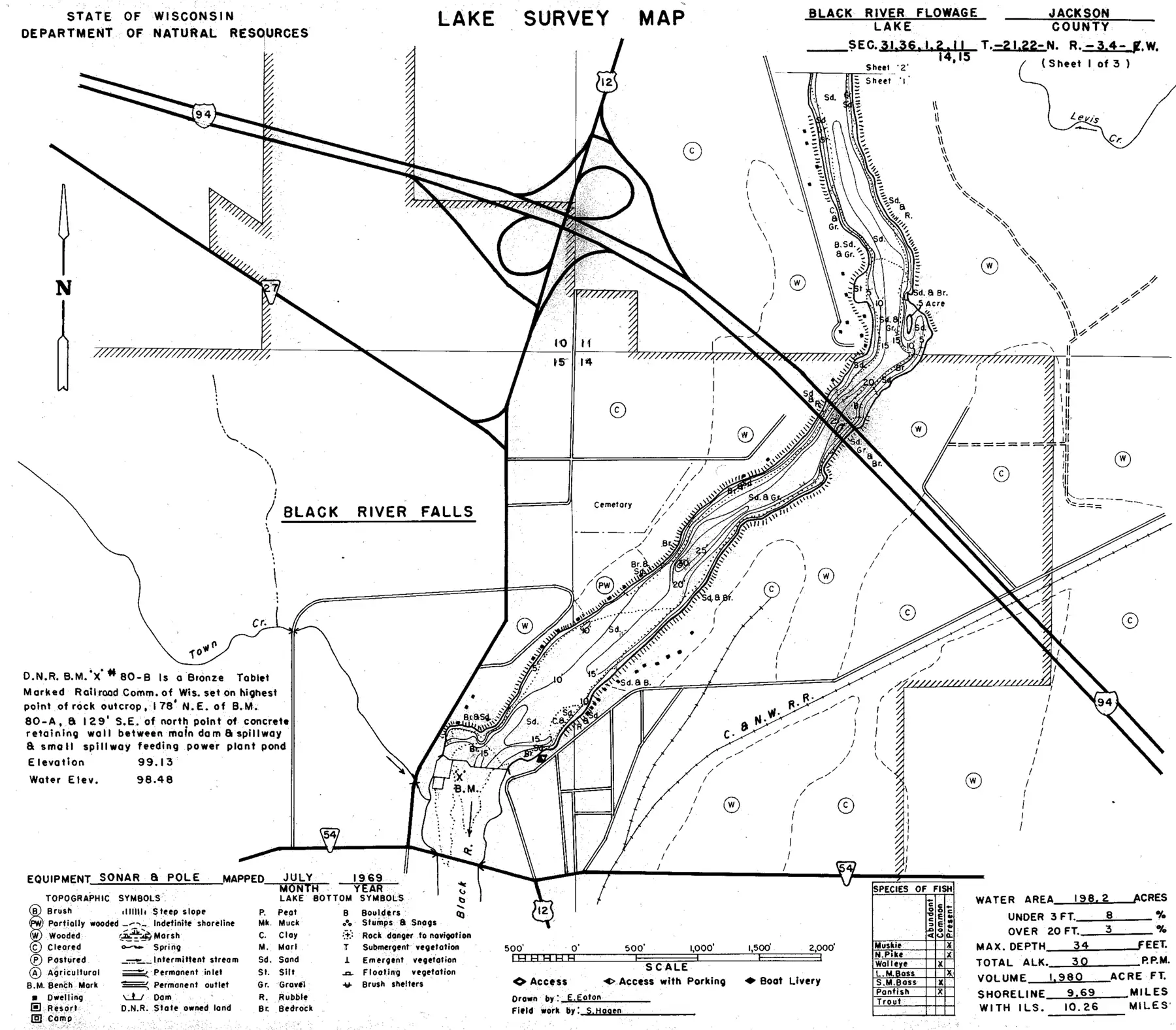 DNR survey map of Black River Flowage, sheet 1 of 3, with depths in feet. Tap to zoom.