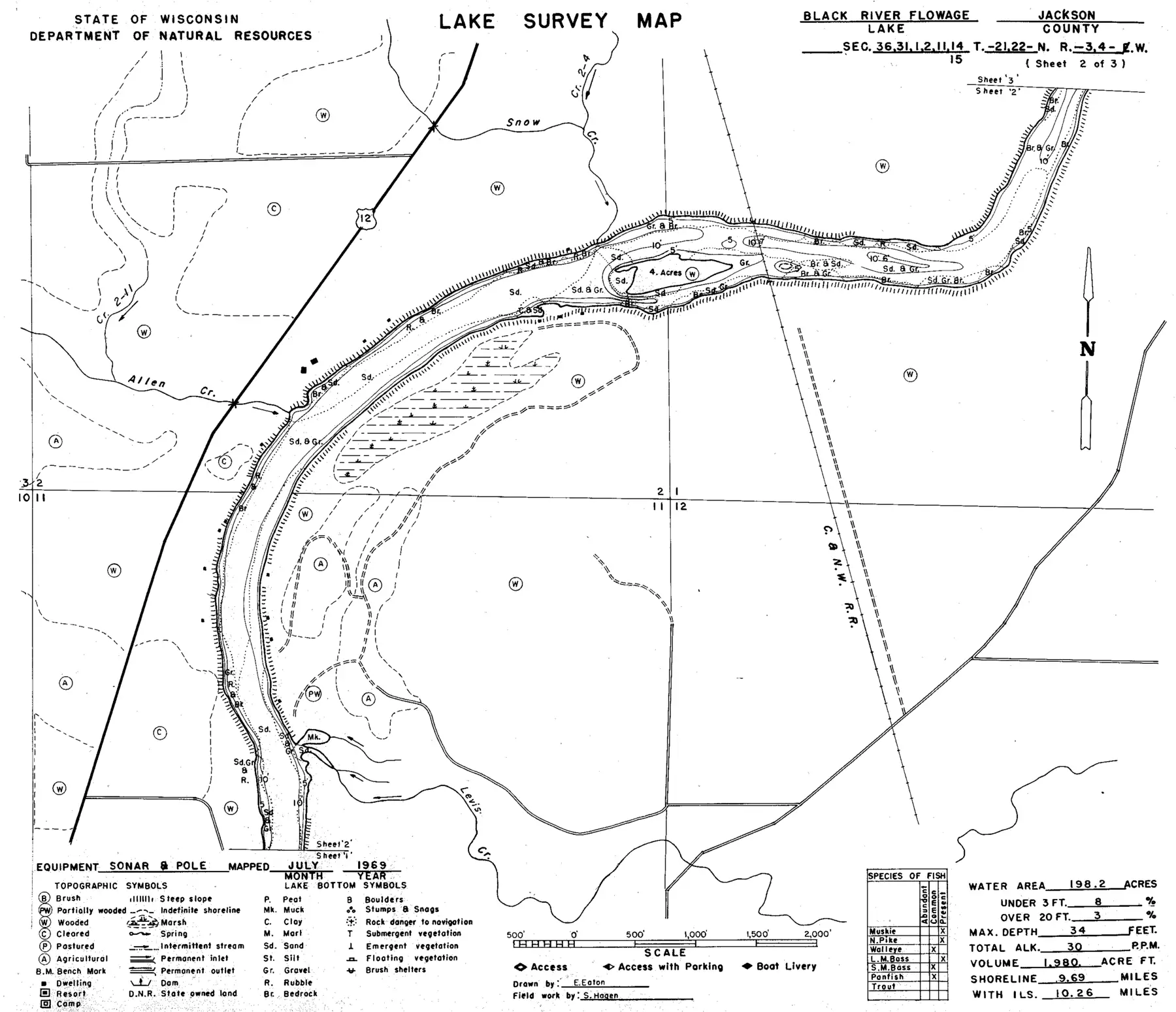 DNR survey map of Black River Flowage, sheet 2 of 3, with depths in feet. Tap to zoom.