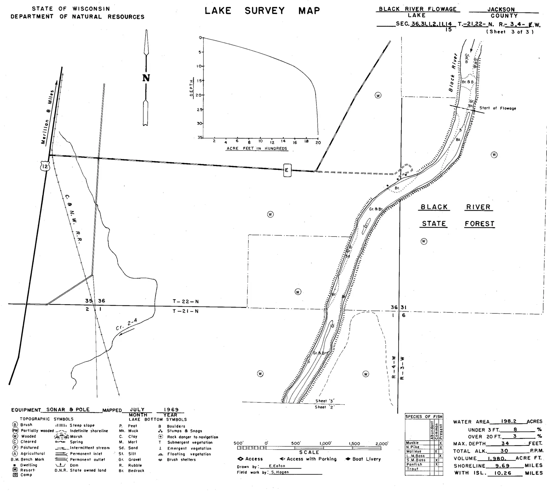DNR survey map of Black River Flowage, sheet 3 of 3. Tap to zoom.