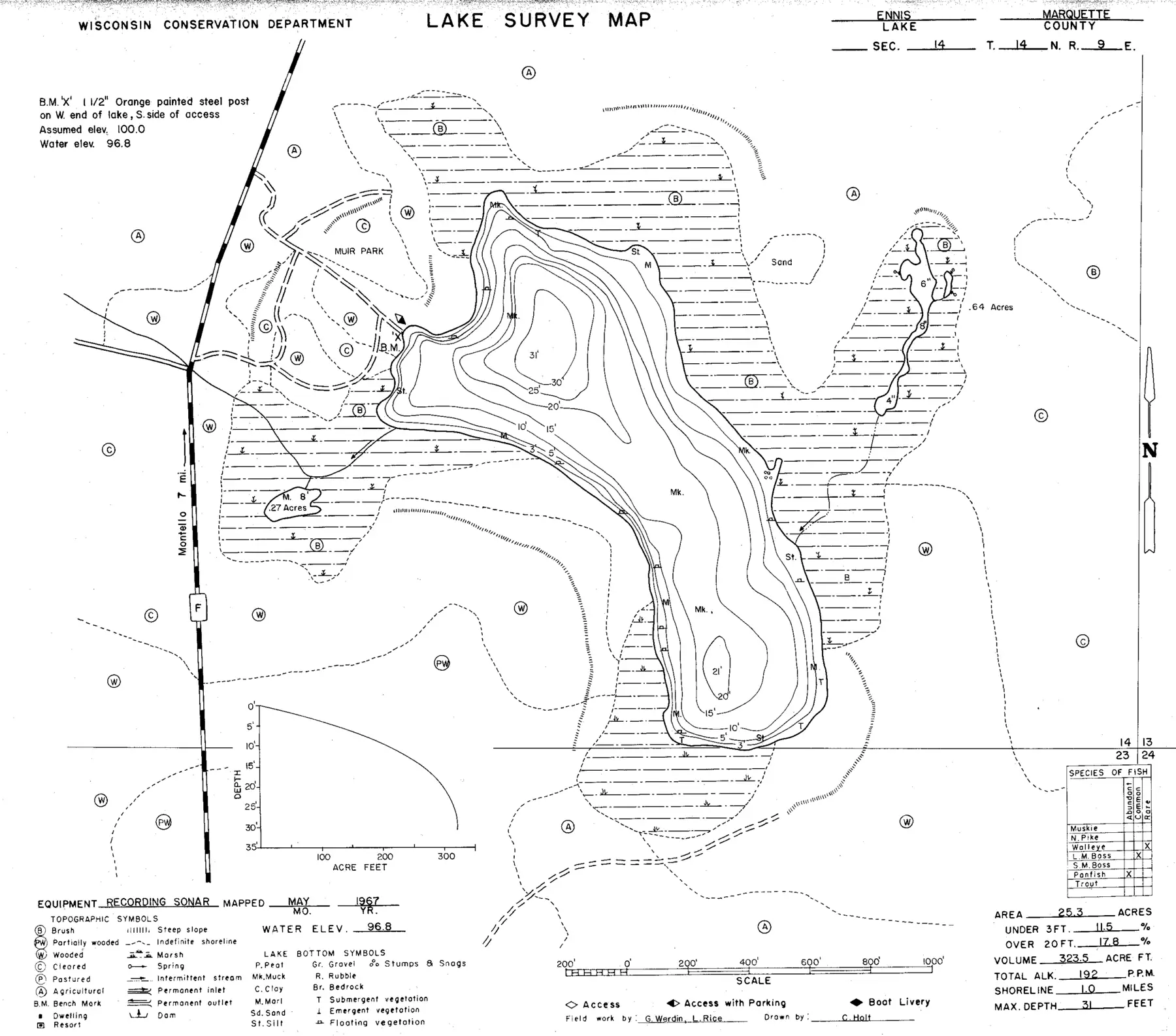 DNR survey map of Ennis Lake, with depths in feet. Tap to zoom.