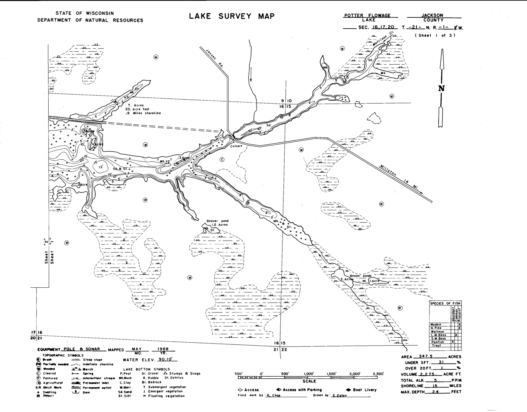 DNR survey map of Potter Flowage, sheet 1 of 3, with depths in feet. Tap to zoom.