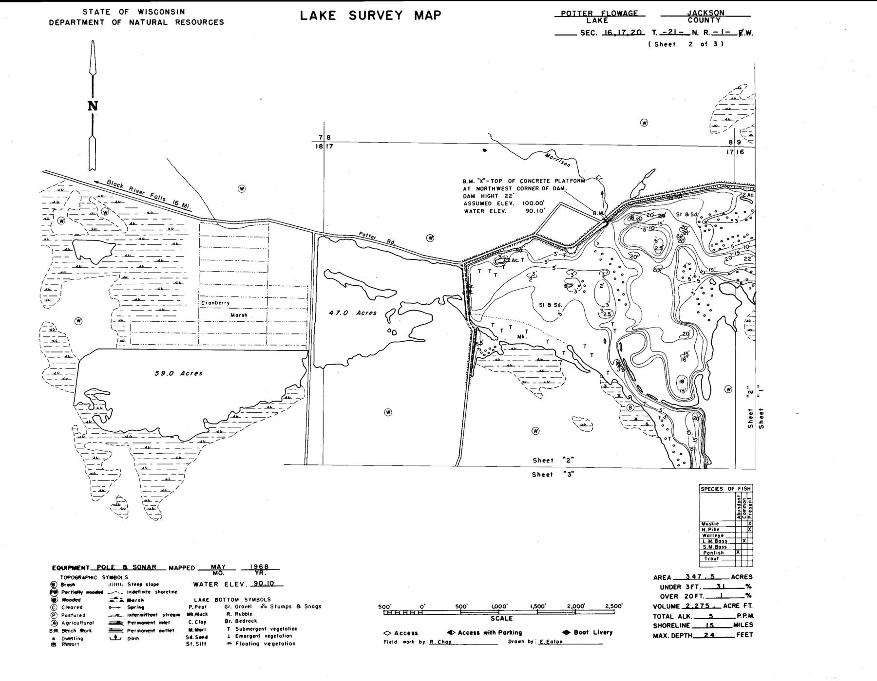 DNR survey map of Potter Flowage, sheet 2 of 3, with depths in feet. Tap to zoom.