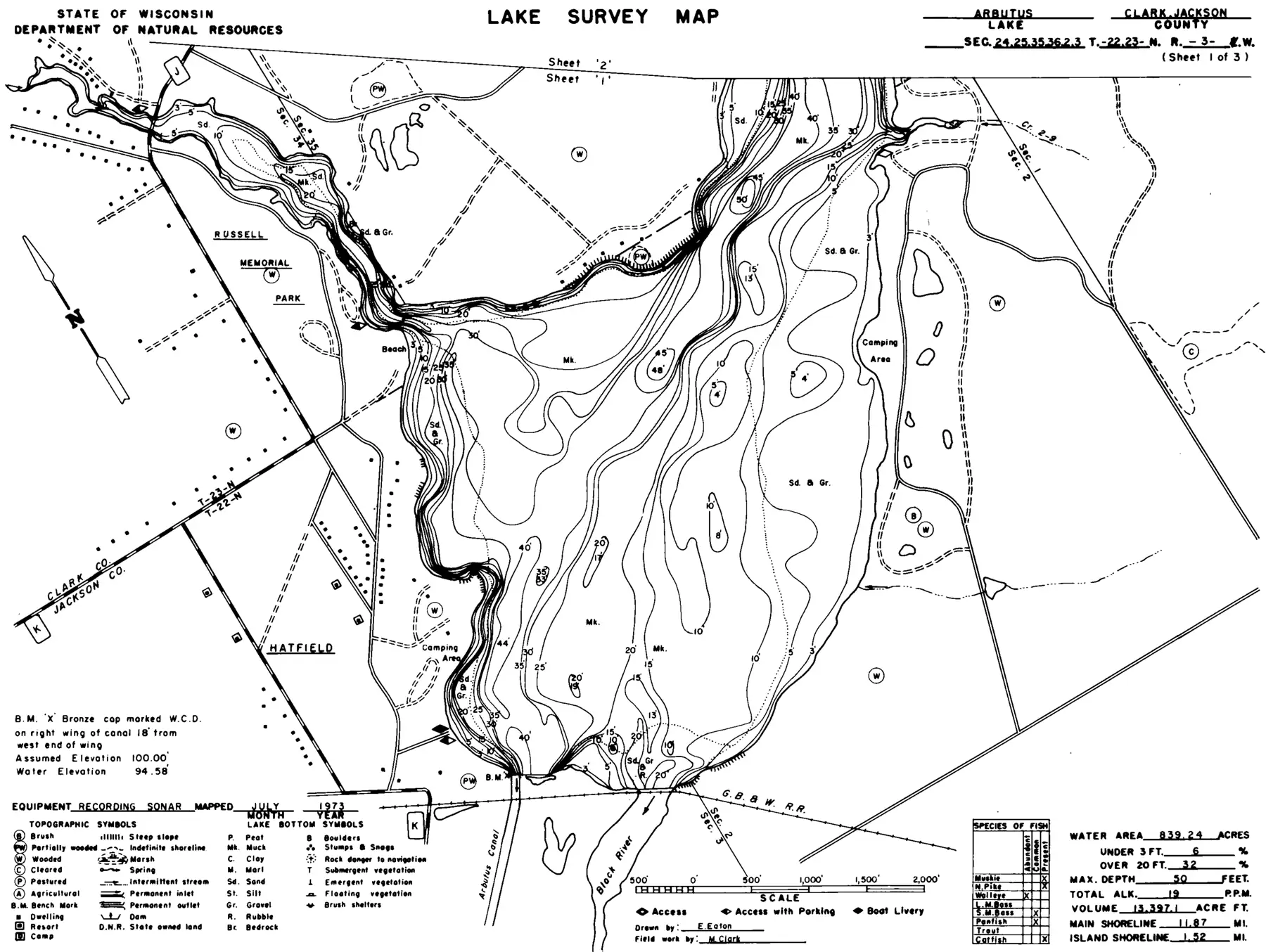 DNR survey map of Arbutus Lake*, sheet 1 of 3, with depths in feet. Tap to zoom.