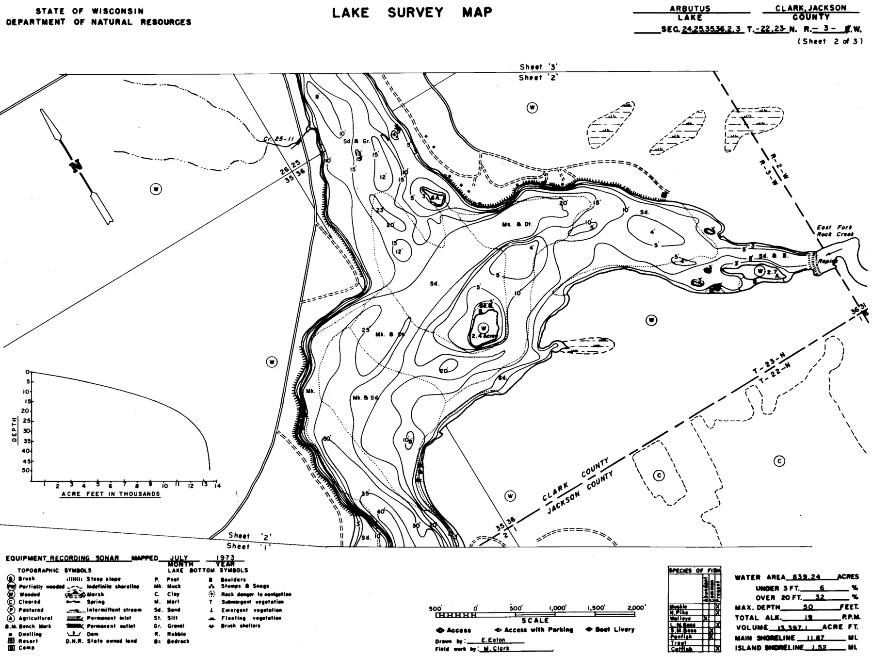 DNR survey map of Arbutus Lake*, sheet 2 of 3, with depths in feet. Tap to zoom.