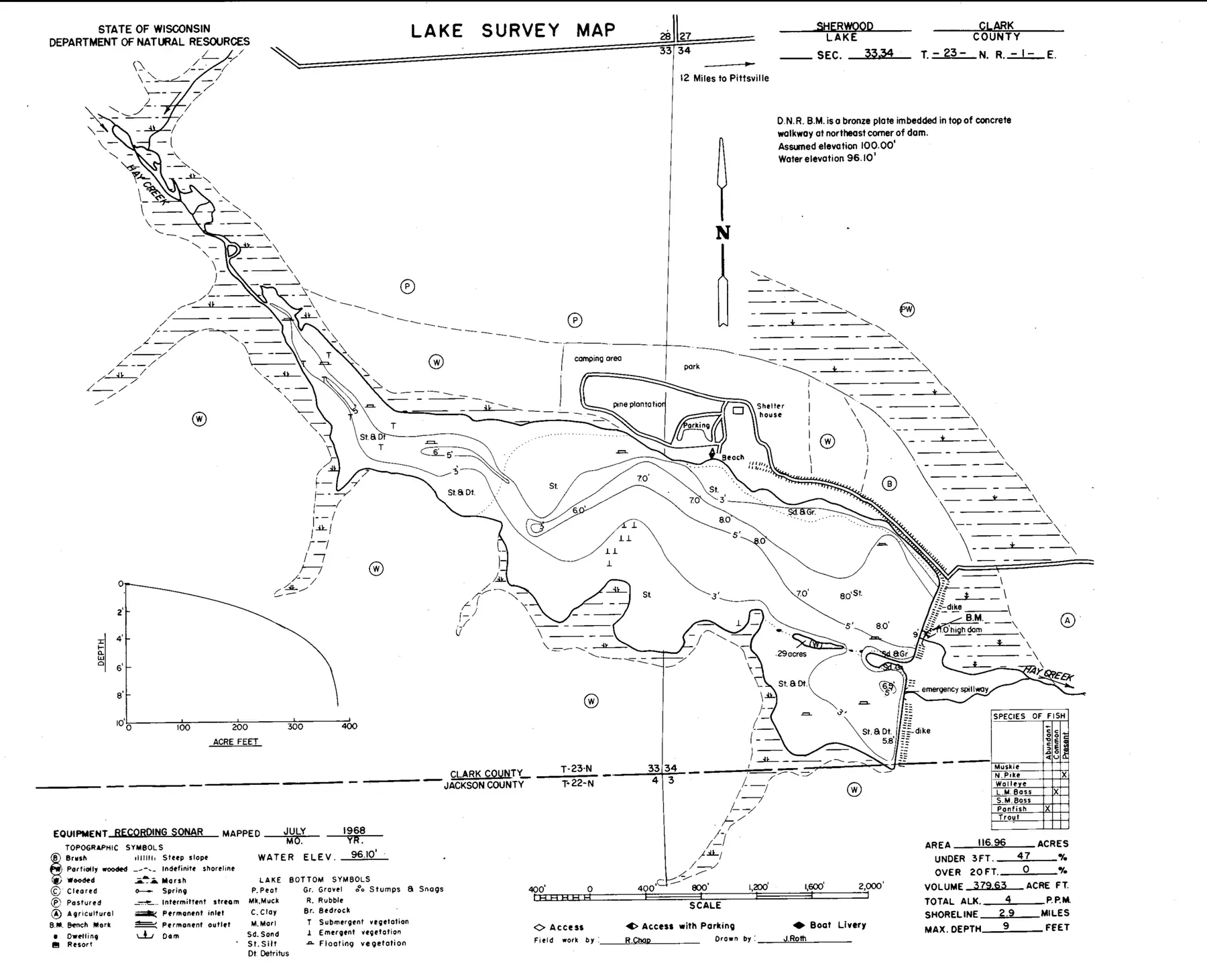 DNR survey map of Sherwood Lake*, with depths in feet. Tap to zoom.