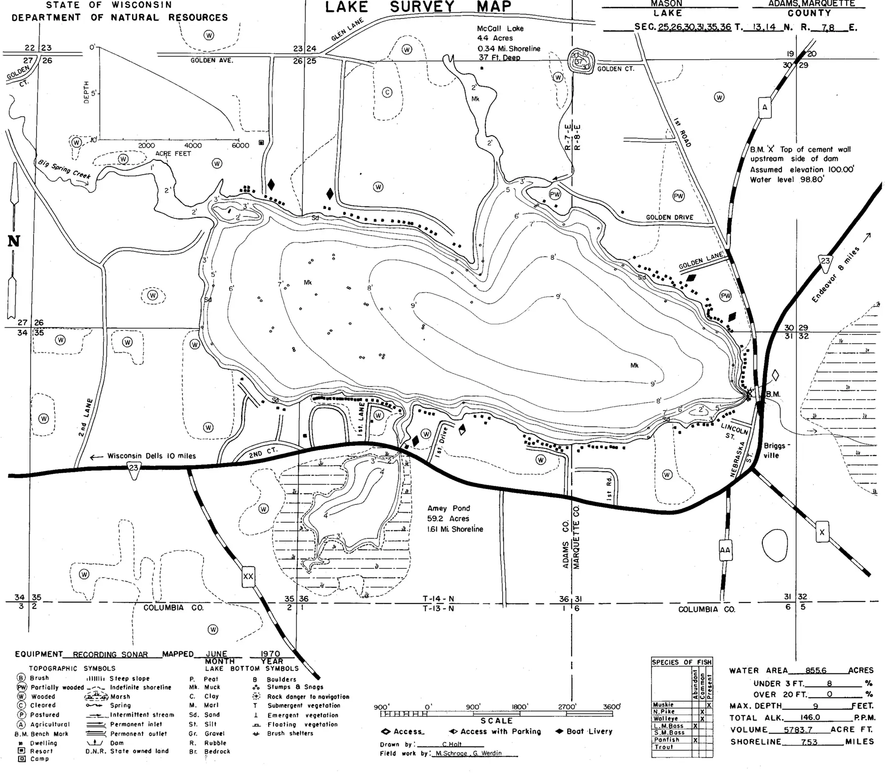DNR survey map of Mason Lake, with depths in feet. Tap to zoom.
