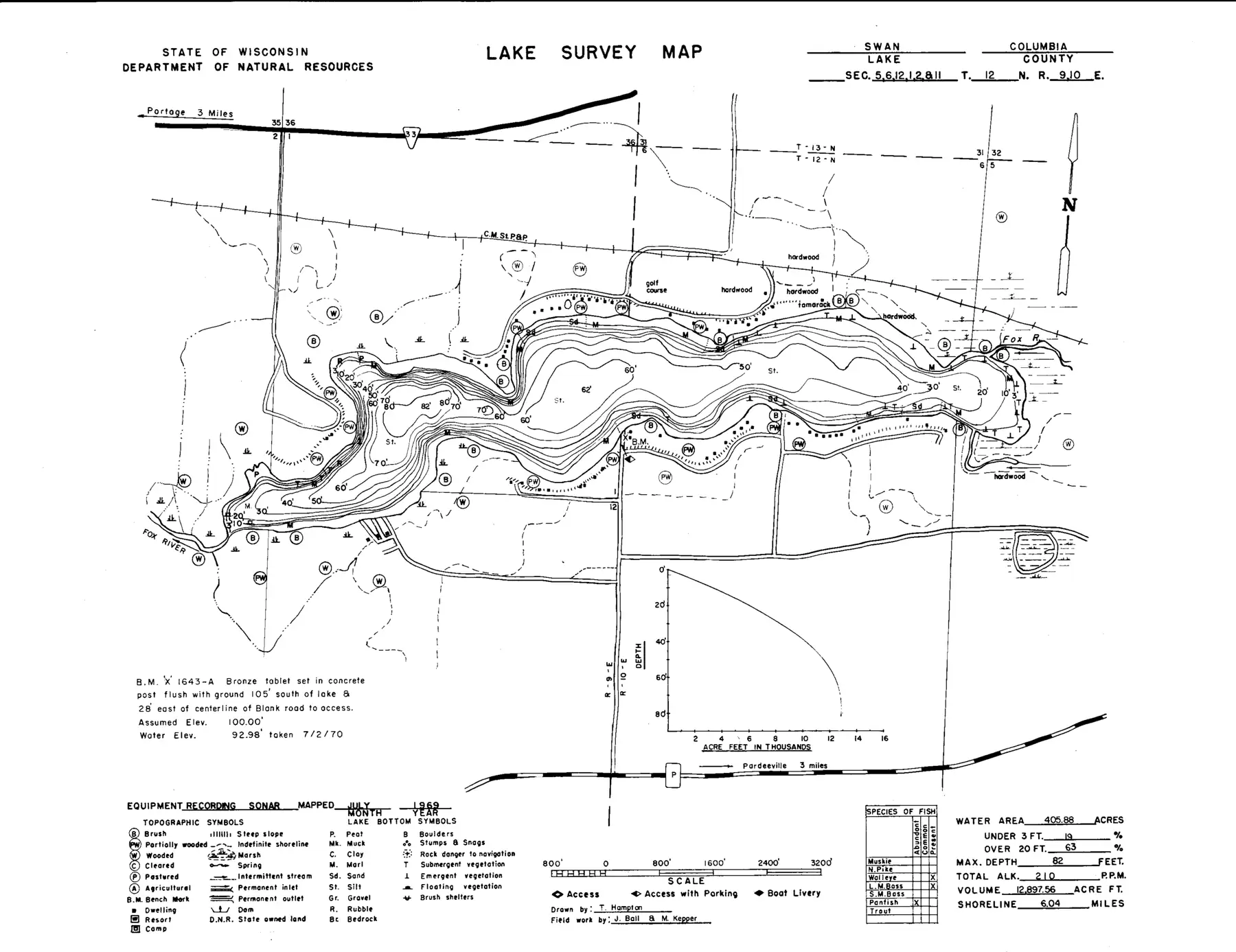 DNR survey map of Swan Lake, with depths in feet. Tap to zoom.