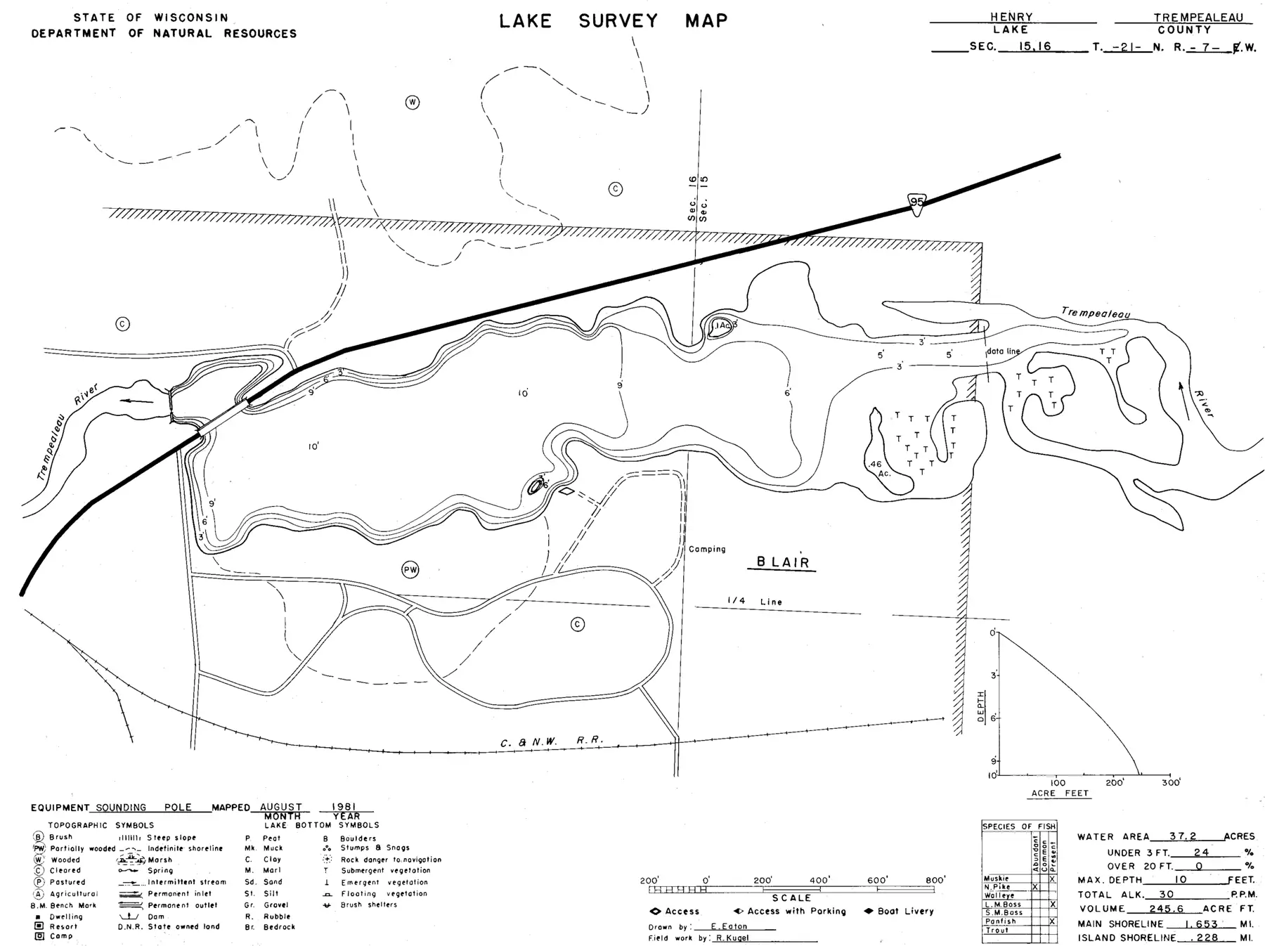 DNR survey map of Henry Lake, with depths in feet. Tap to zoom.
