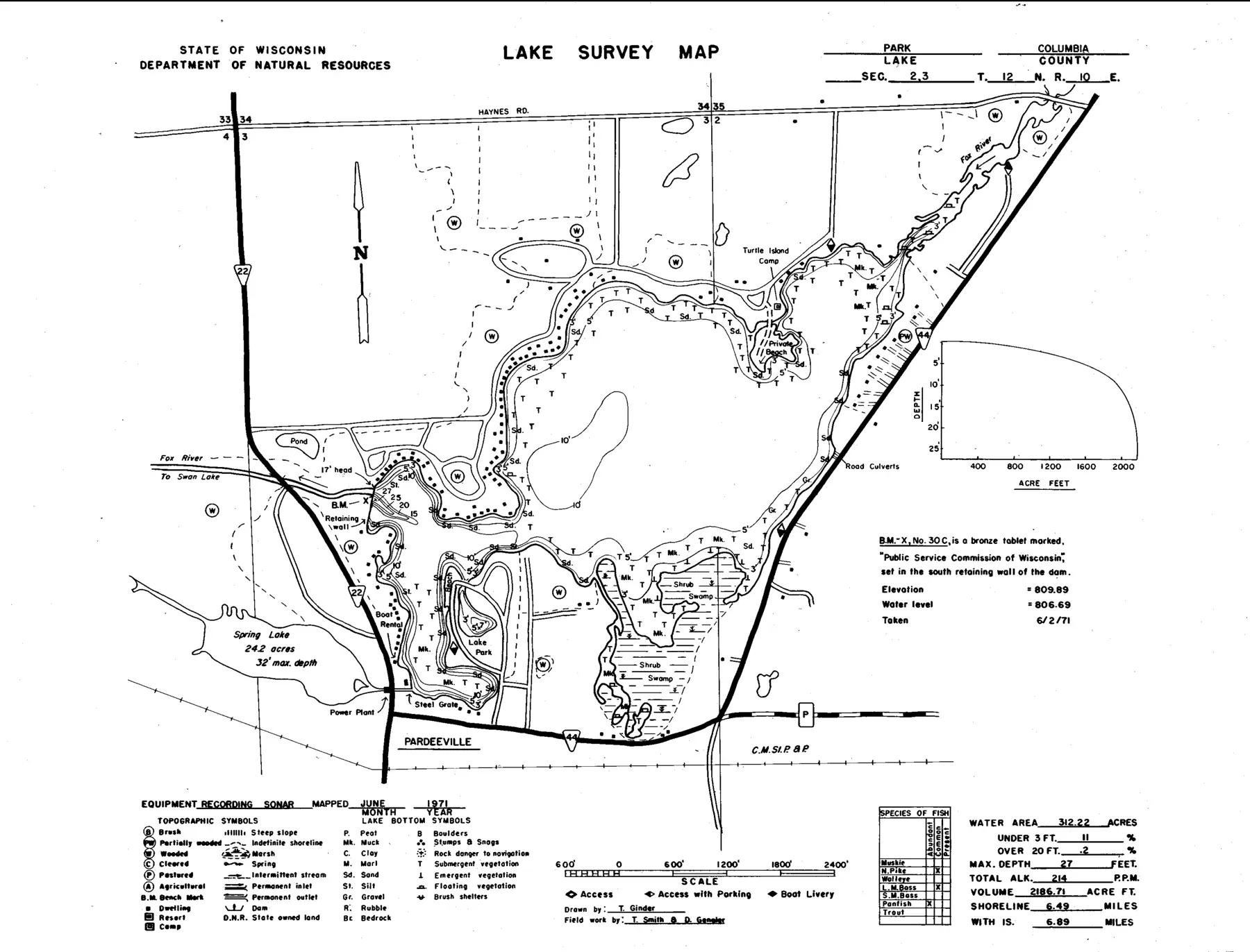 DNR survey map of Park Lake, with depths in feet. Tap to zoom.