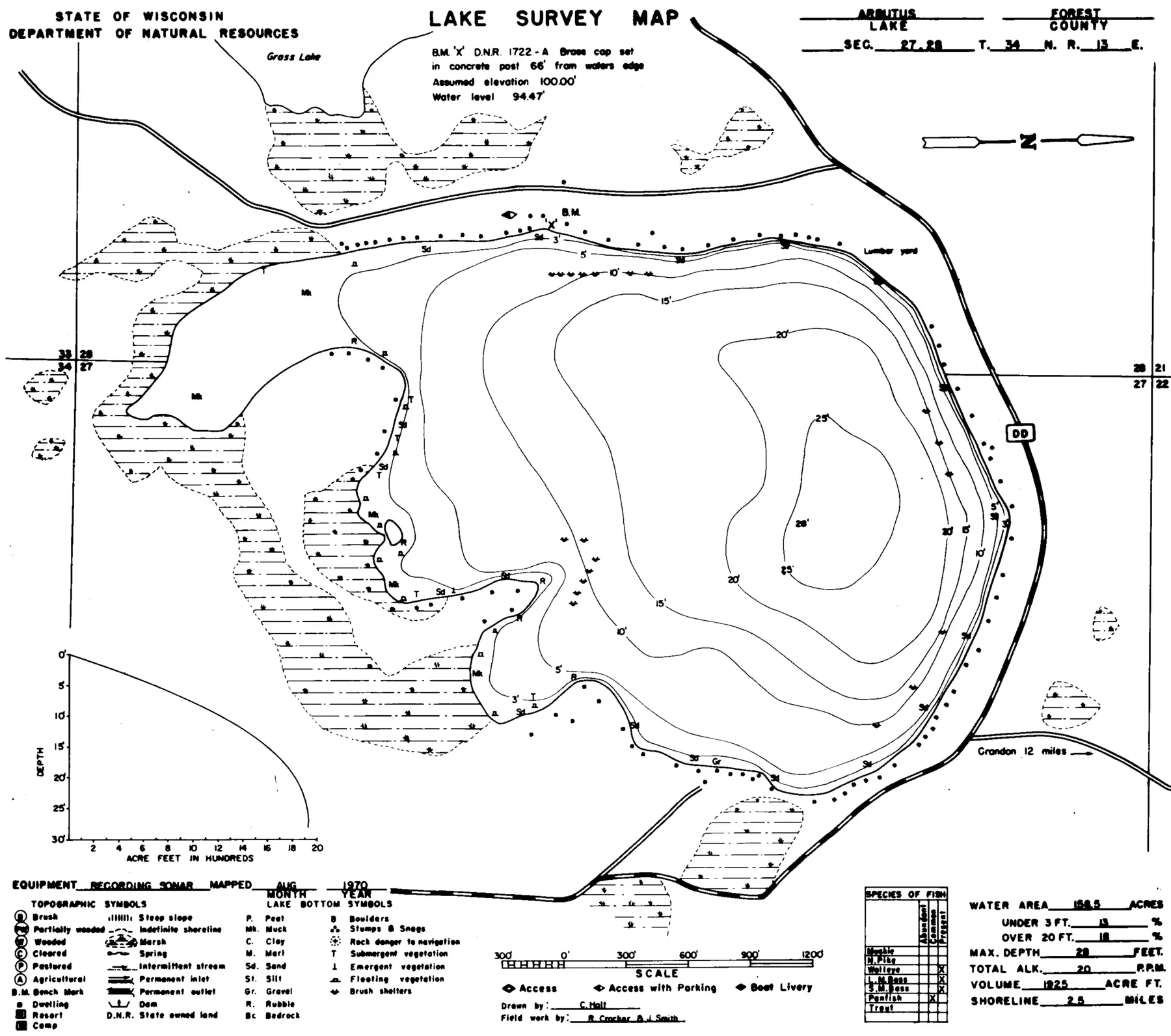 DNR survey map of Arbutus Lake, with depths in feet. Tap to zoom.