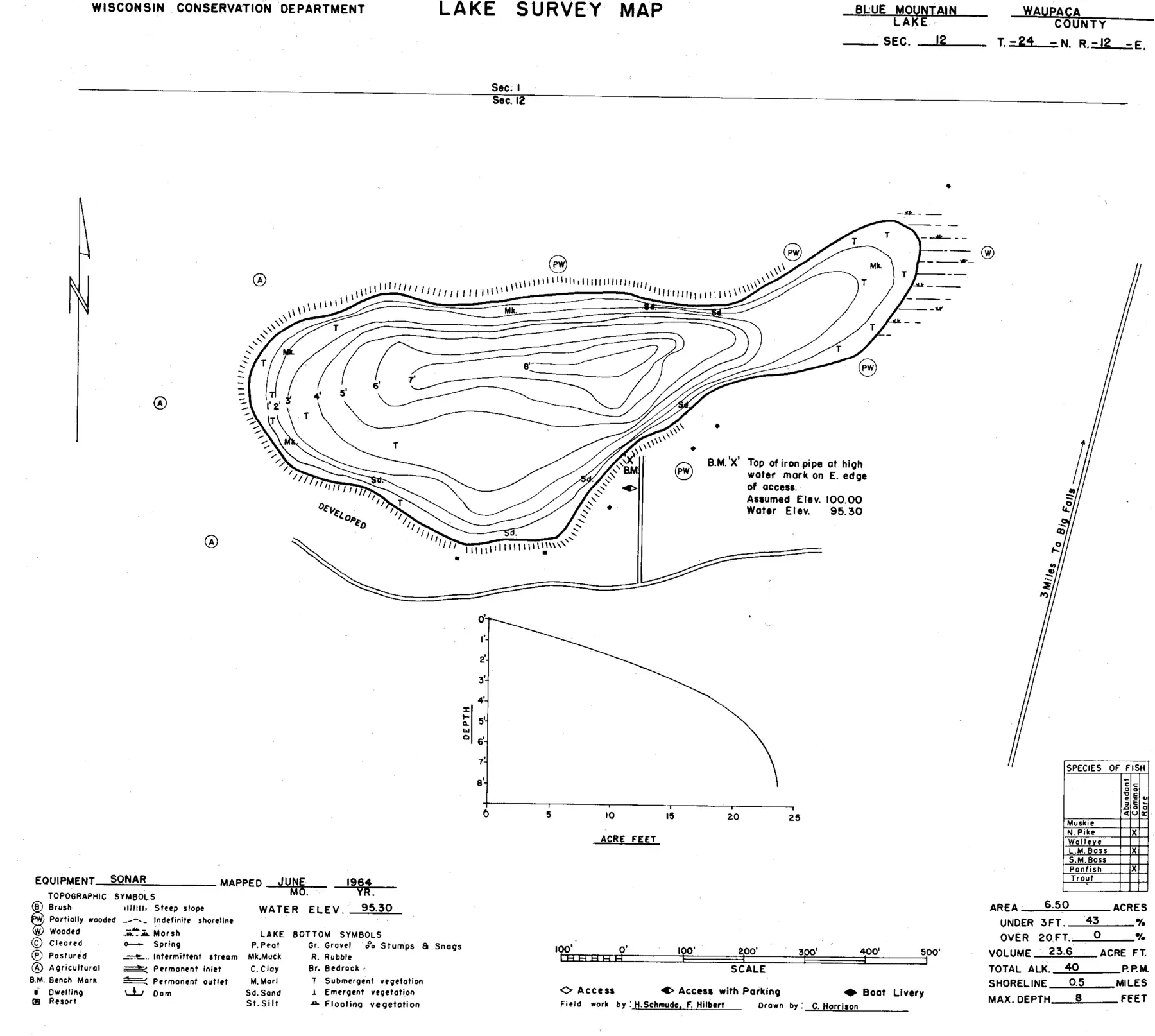 DNR survey map of Blue Mountain Lake, with depths in feet. Tap to zoom.