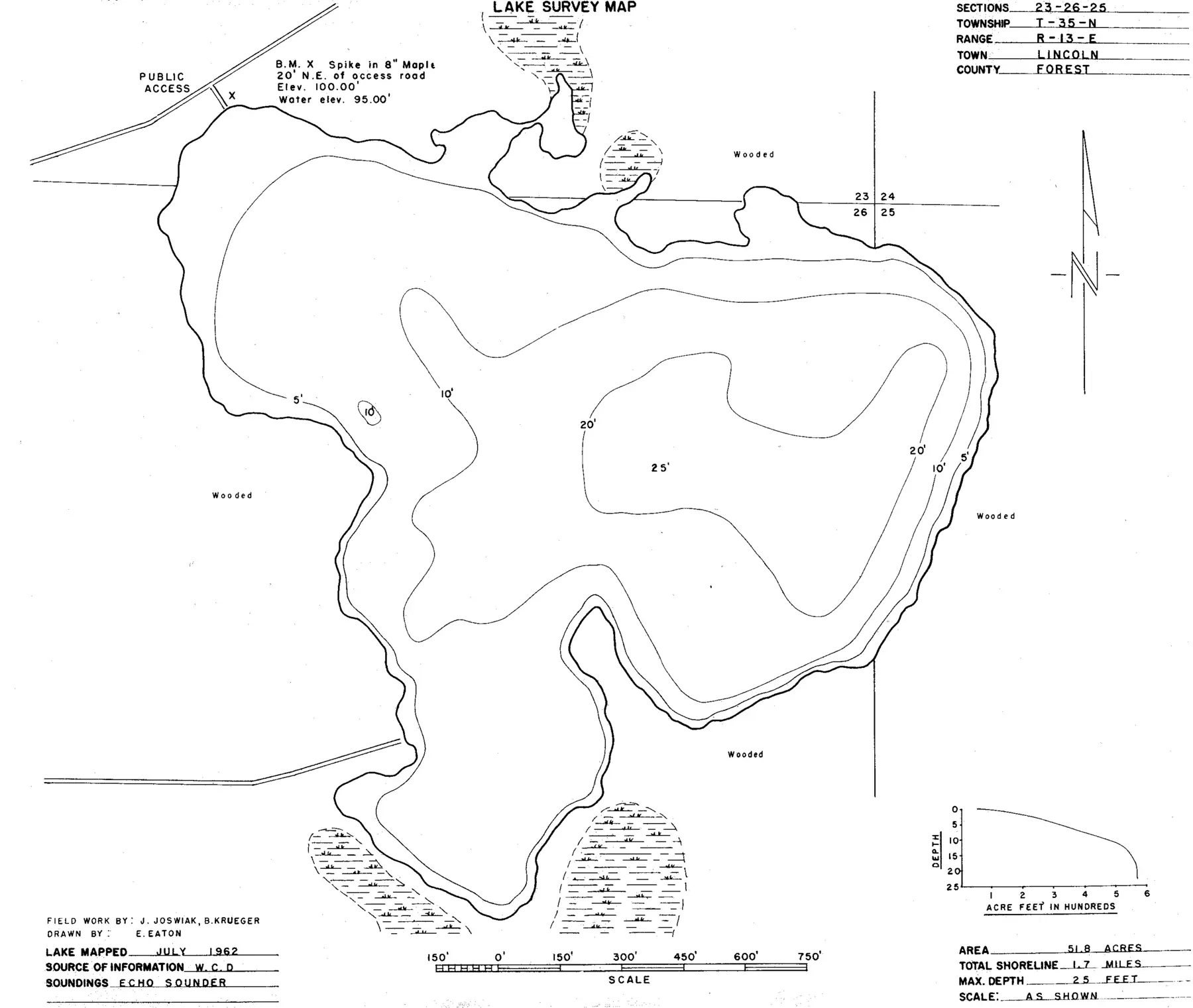 DNR survey map of Bradley Lake, with depths in feet. Tap to zoom.
