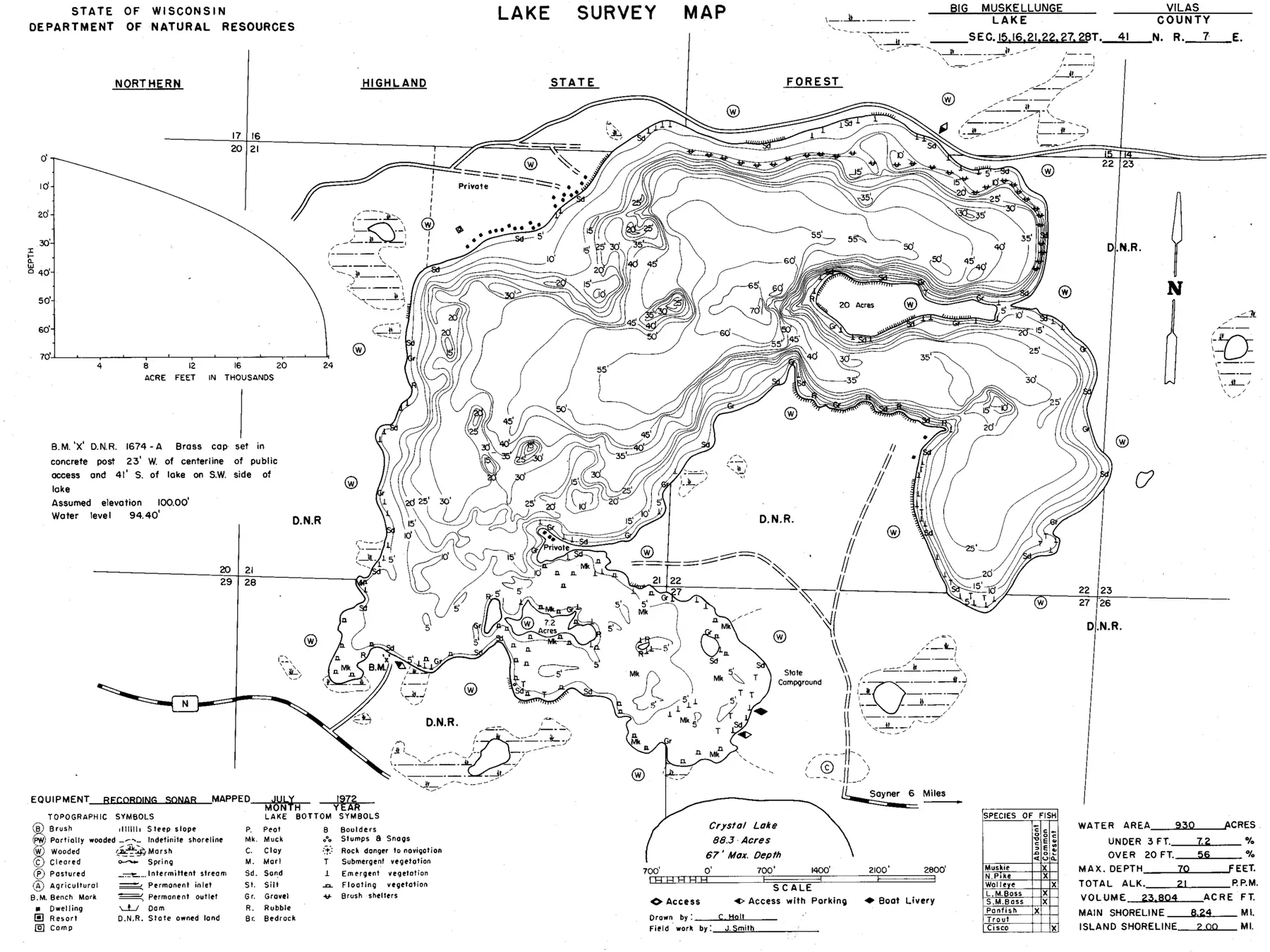 DNR survey map of Big Muskellunge Lake, with depths in feet. Tap to zoom.