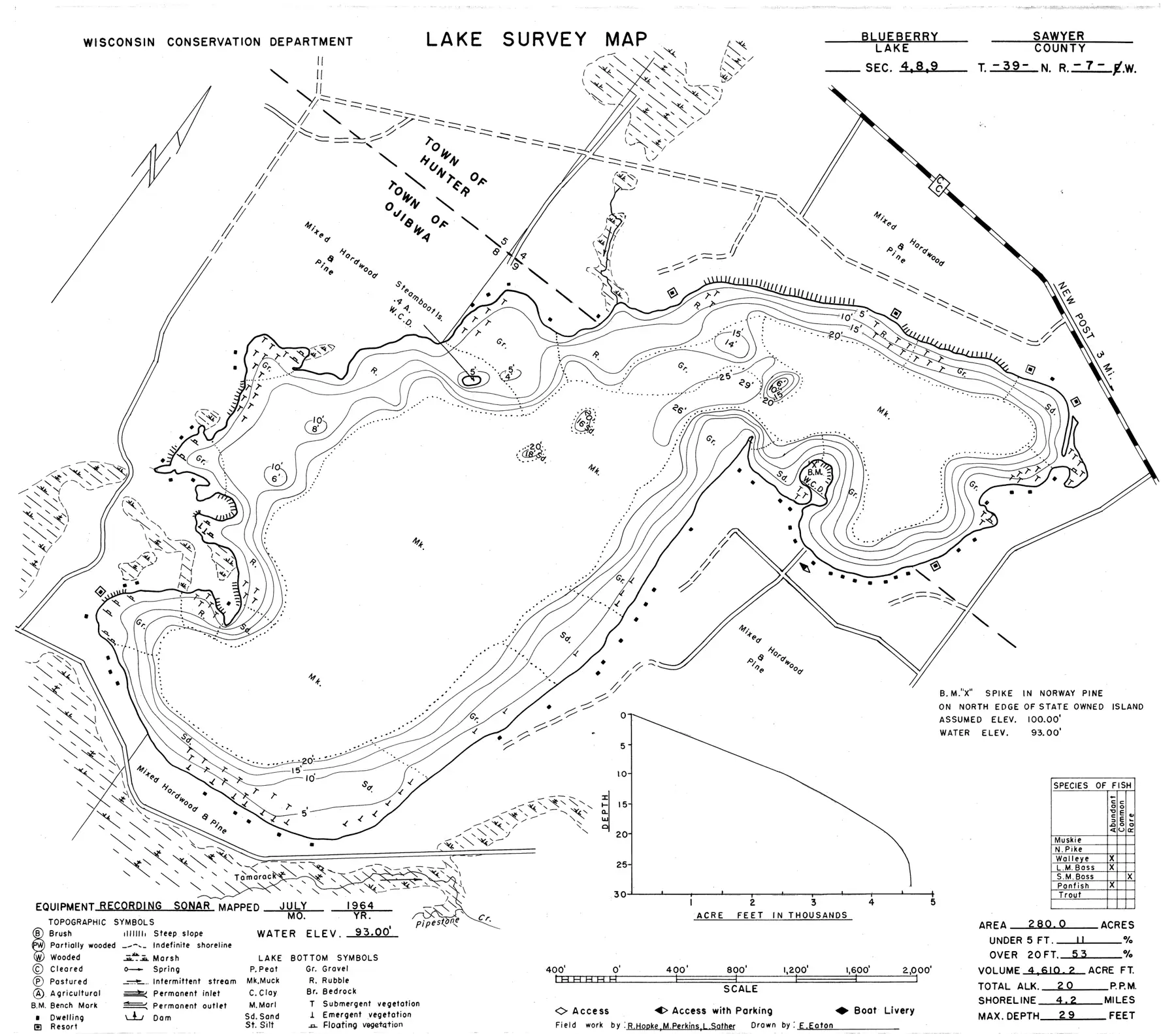 DNR survey map of Blueberry Lake, with depths in feet. Tap to zoom.