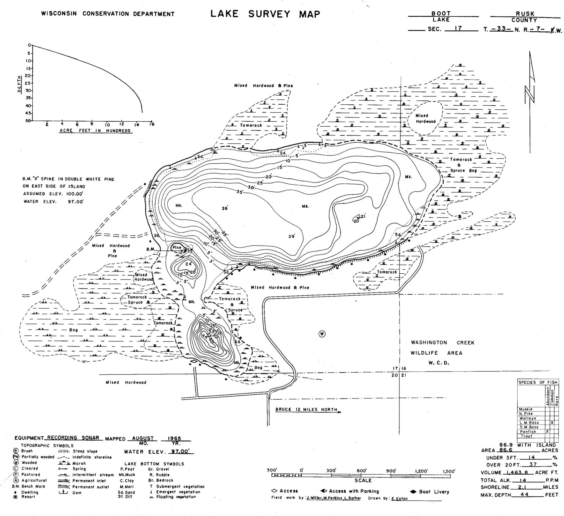 DNR survey map of Boot Lake, with depths in feet. Tap to zoom.