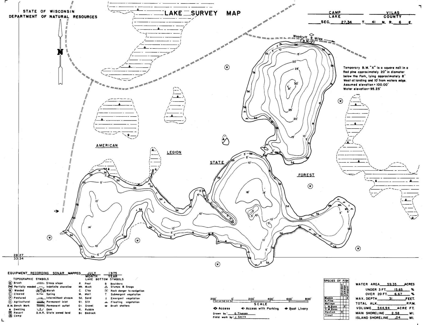 DNR survey map of Camp Lake, with depths in feet. Tap to zoom.