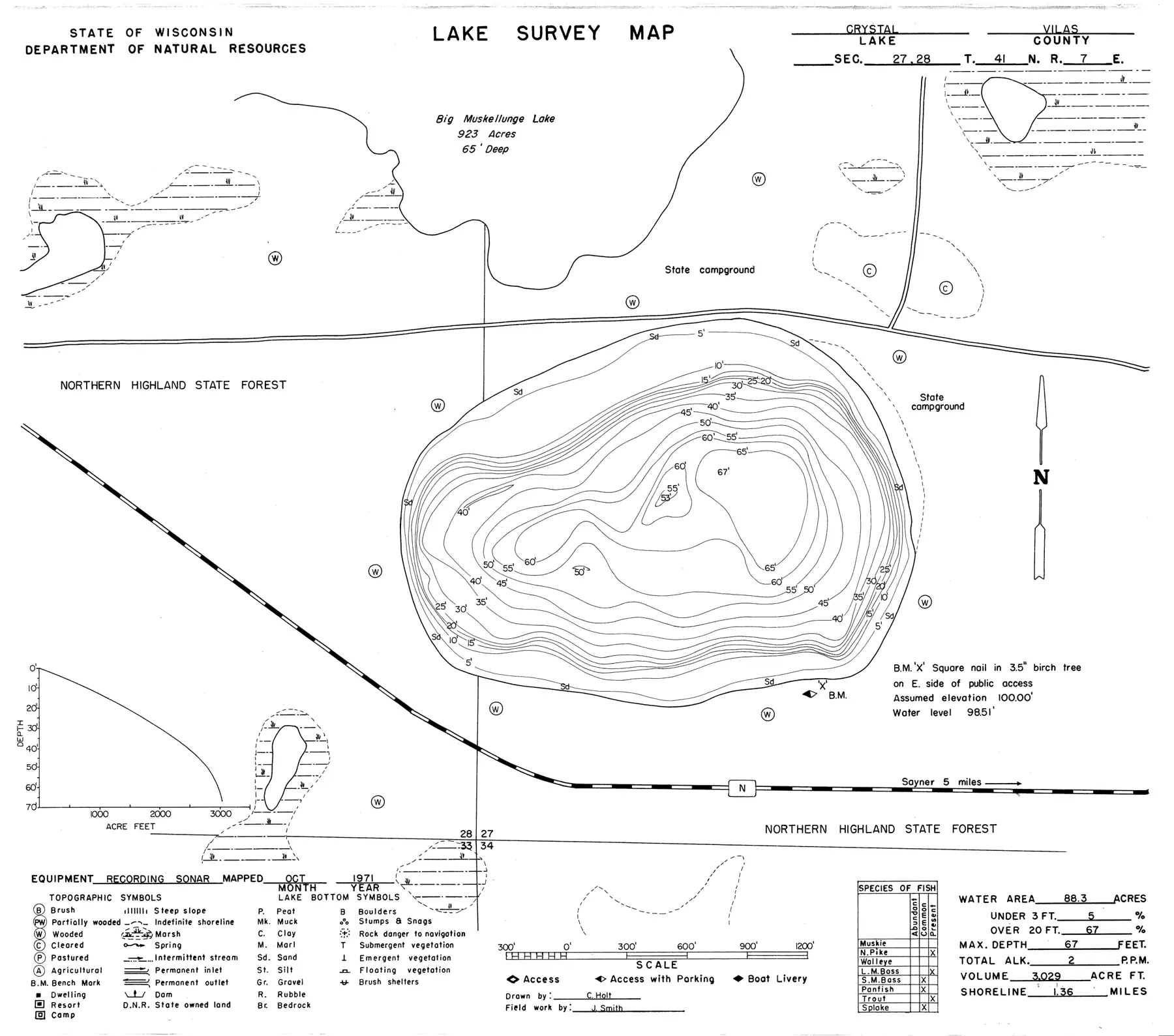 DNR survey map of Crystal Lake, with depths in feet. Tap to zoom.