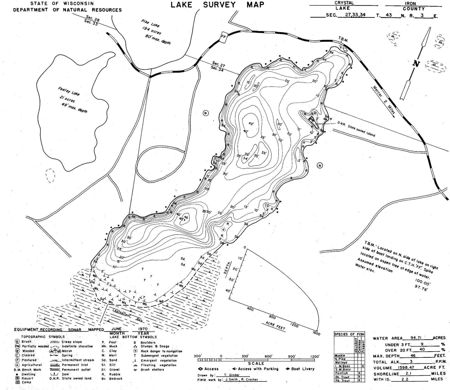 DNR survey map of Crystal Lake, with depths in feet. Tap to zoom.