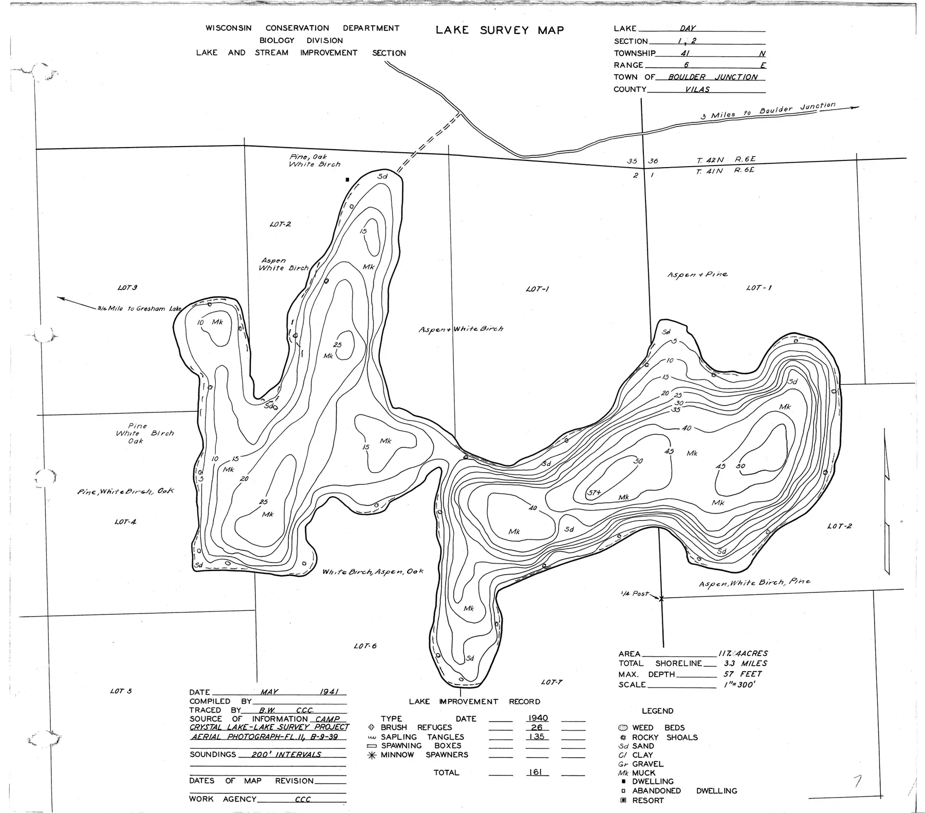DNR survey map of Day Lake, with depths in feet. Tap to zoom.