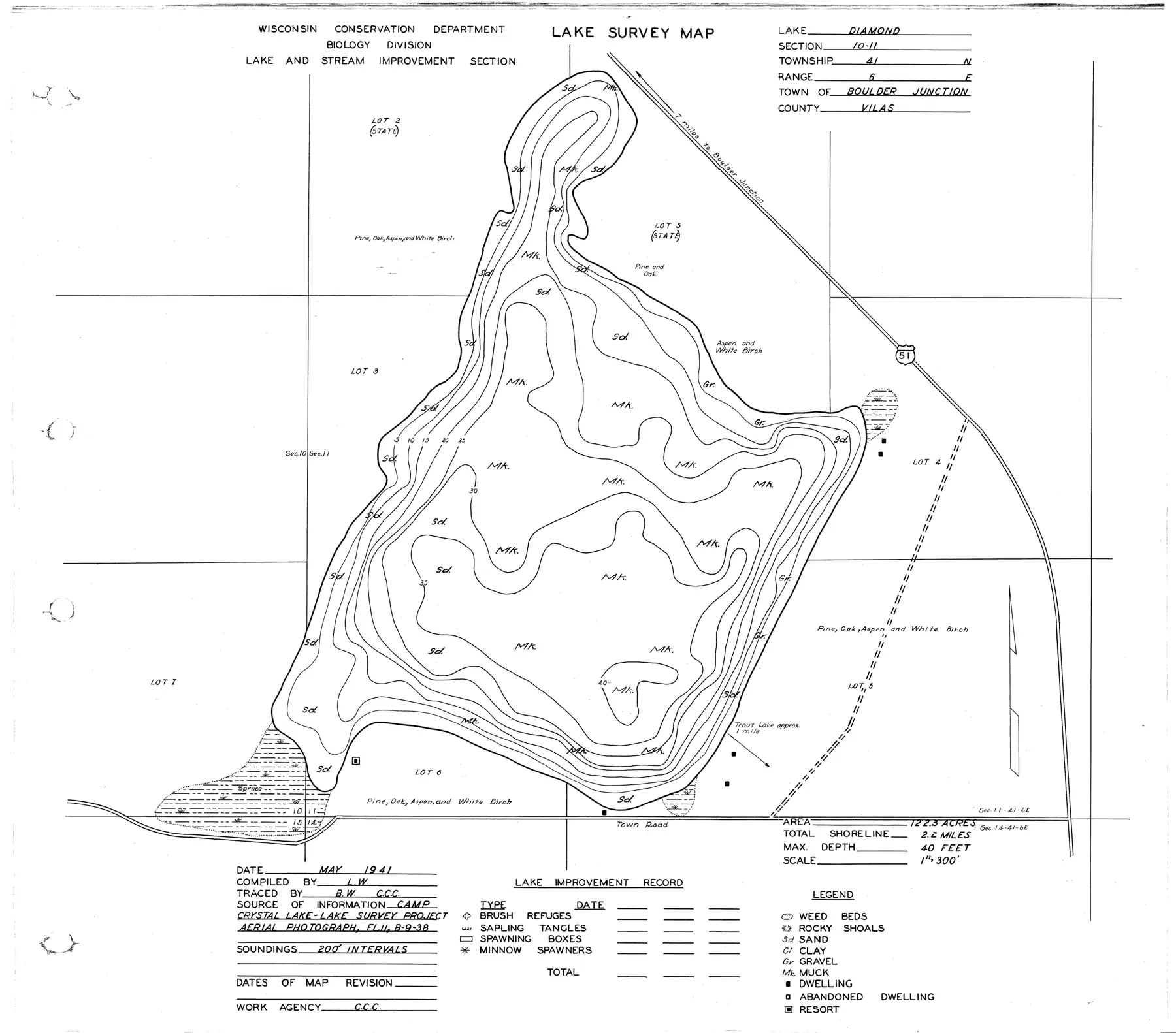 DNR survey map of Diamond Lake, with depths in feet. Tap to zoom.