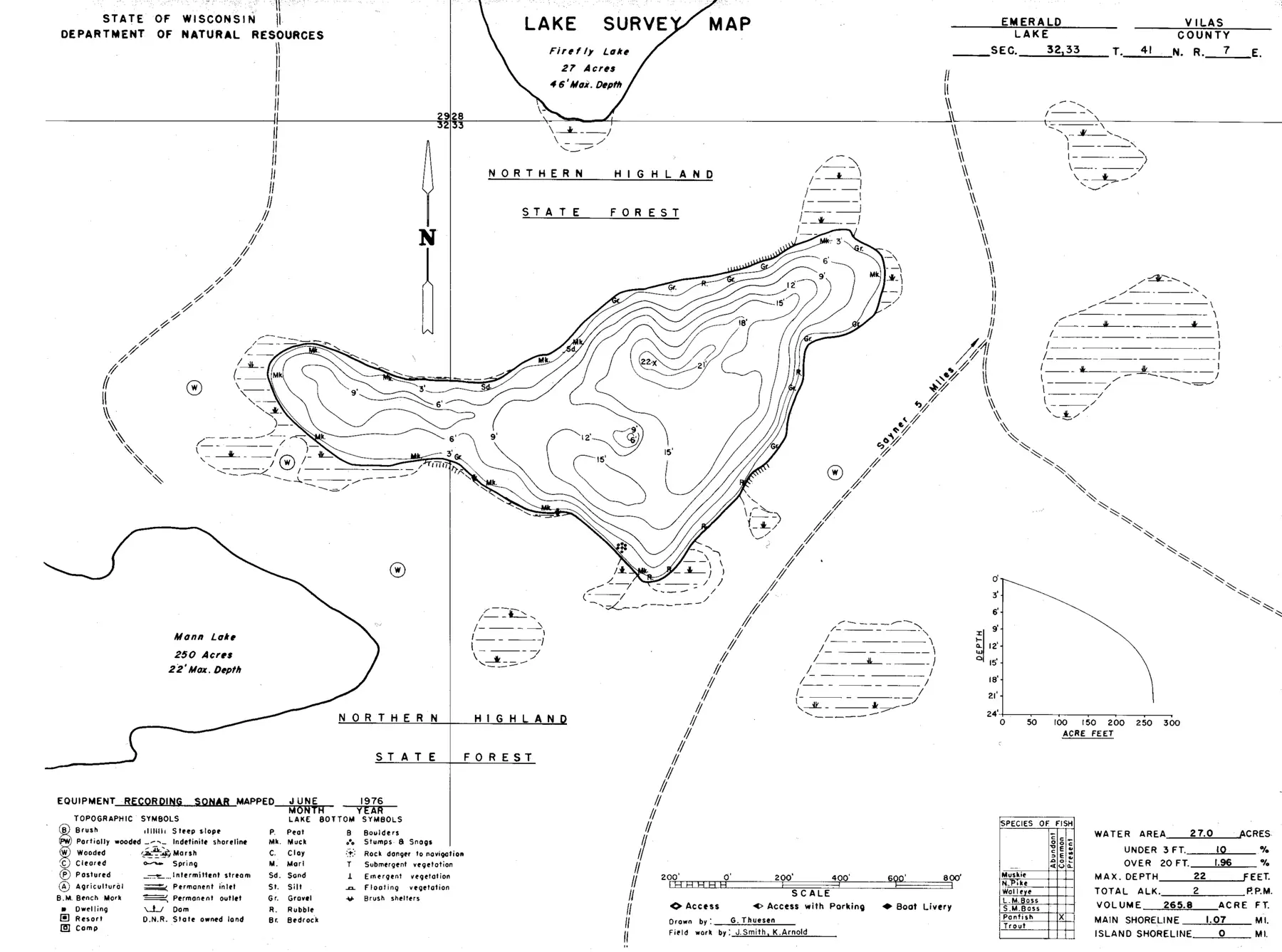 DNR survey map of Emerald Lake, with depths in feet. Tap to zoom.