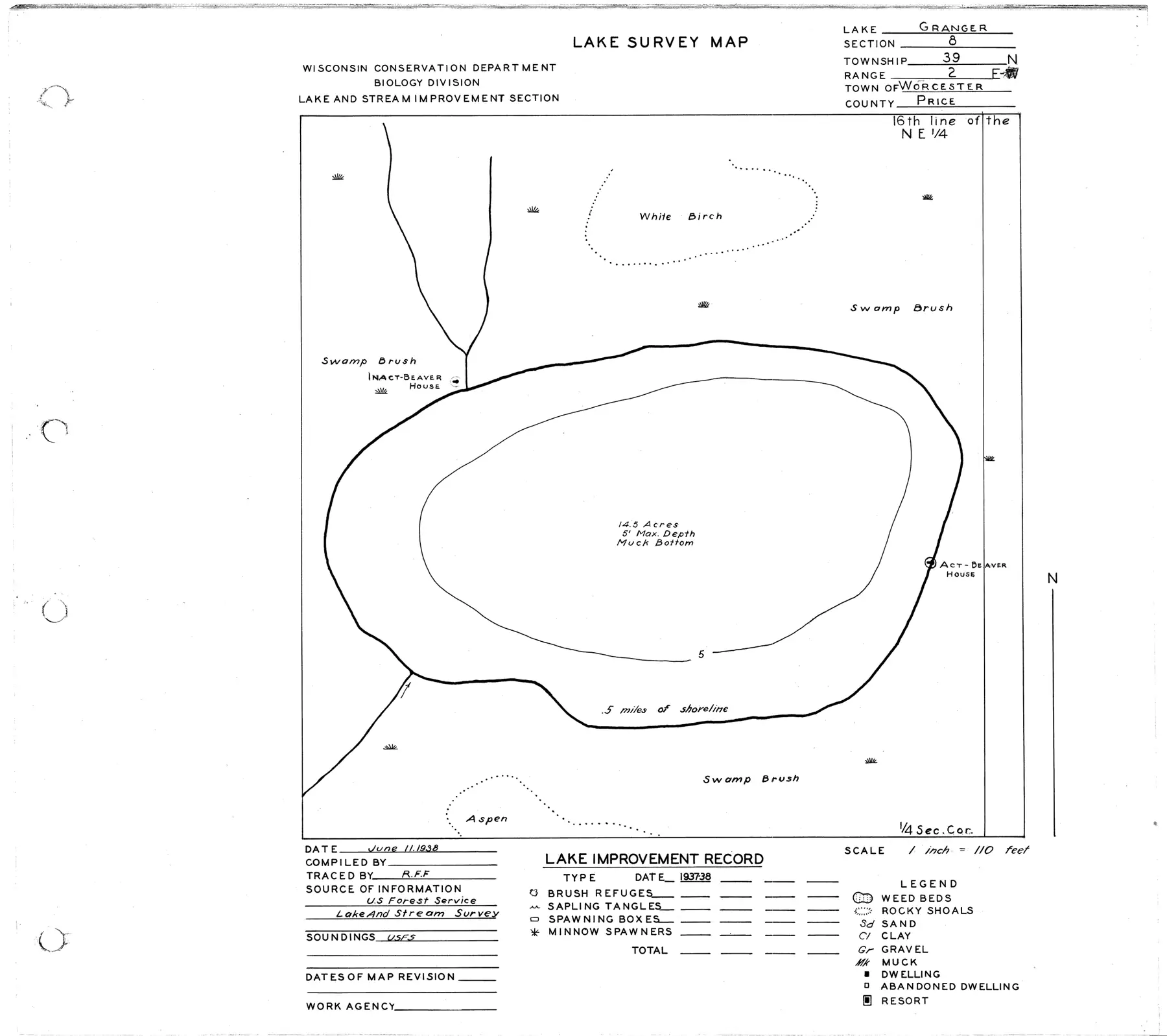 DNR survey map of Granger Lake, with depths in feet. Tap to zoom.