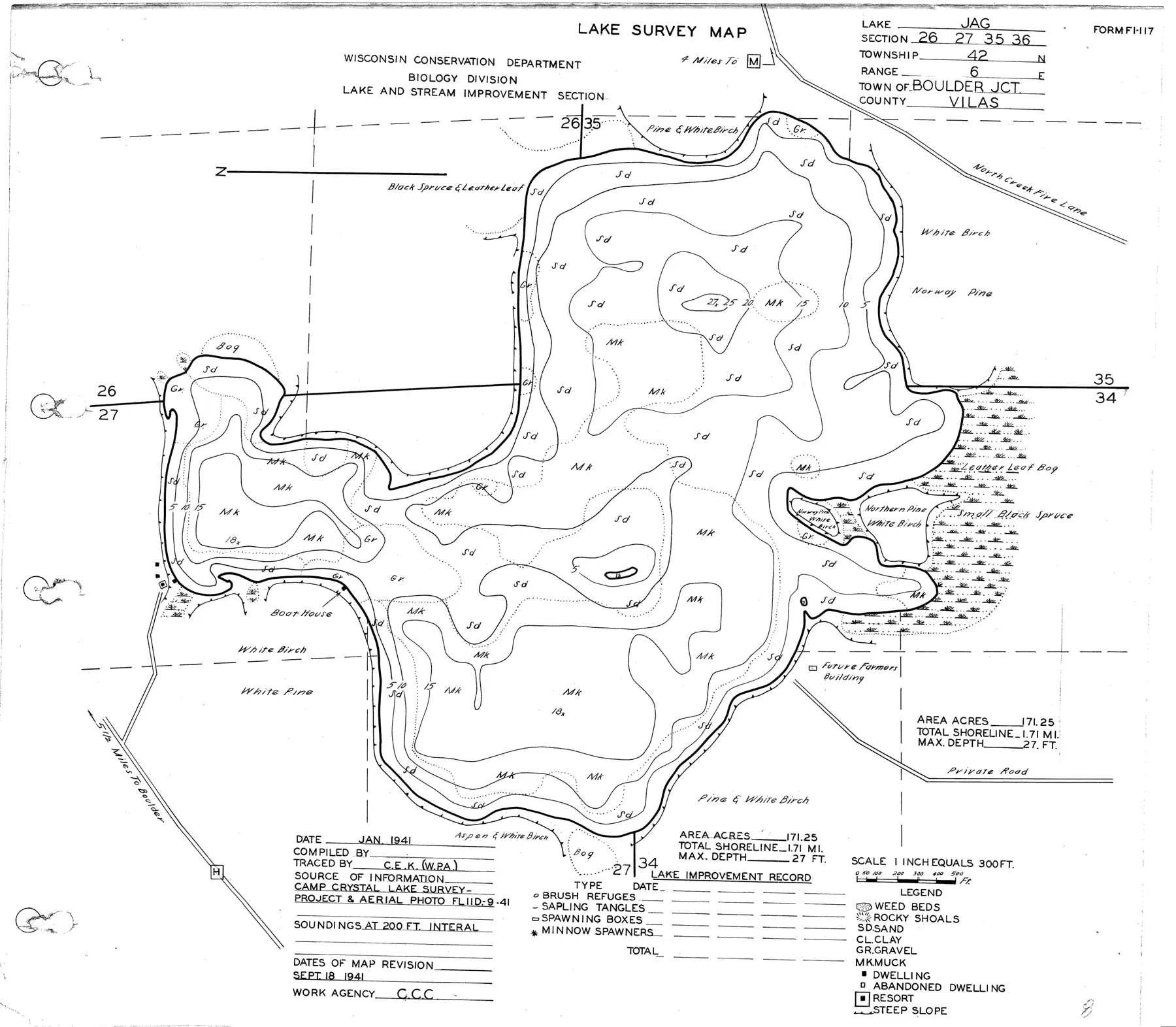 DNR survey map of Jag Lake, with depths in feet. Tap to zoom.