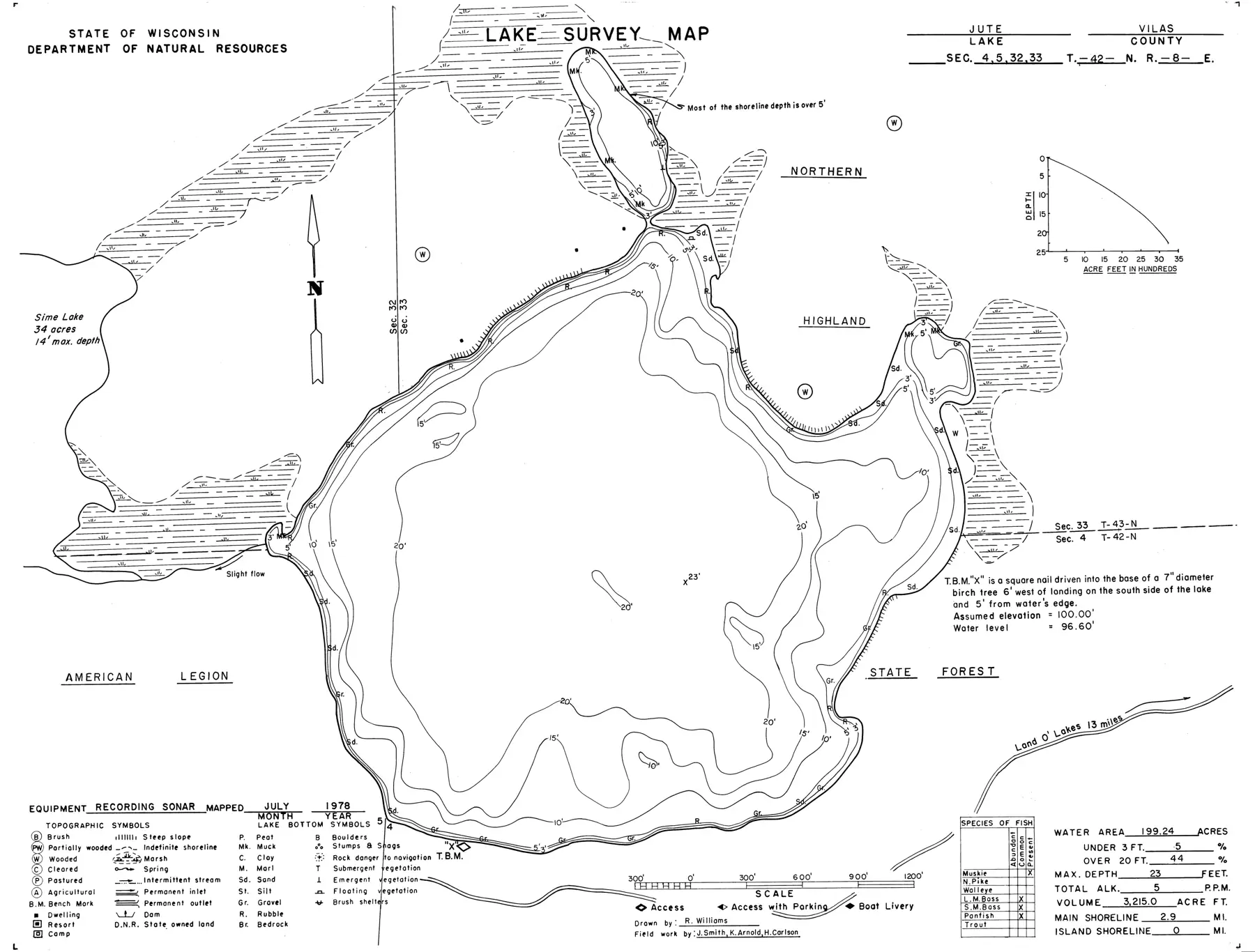 DNR survey map of Jute Lake, with depths in feet. Tap to zoom.