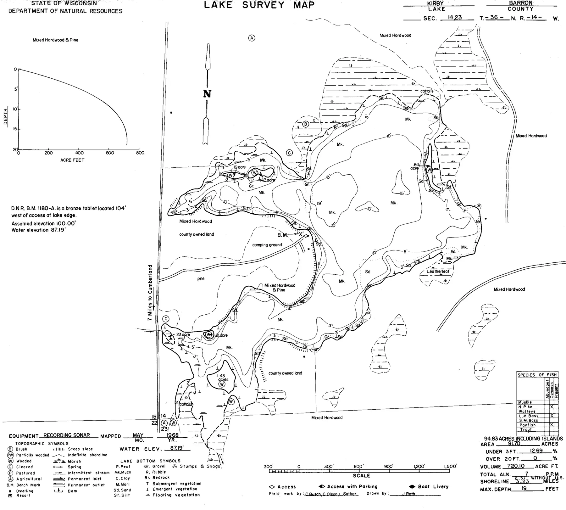 DNR survey map of Kirby Lake, with depths in feet. Tap to zoom.