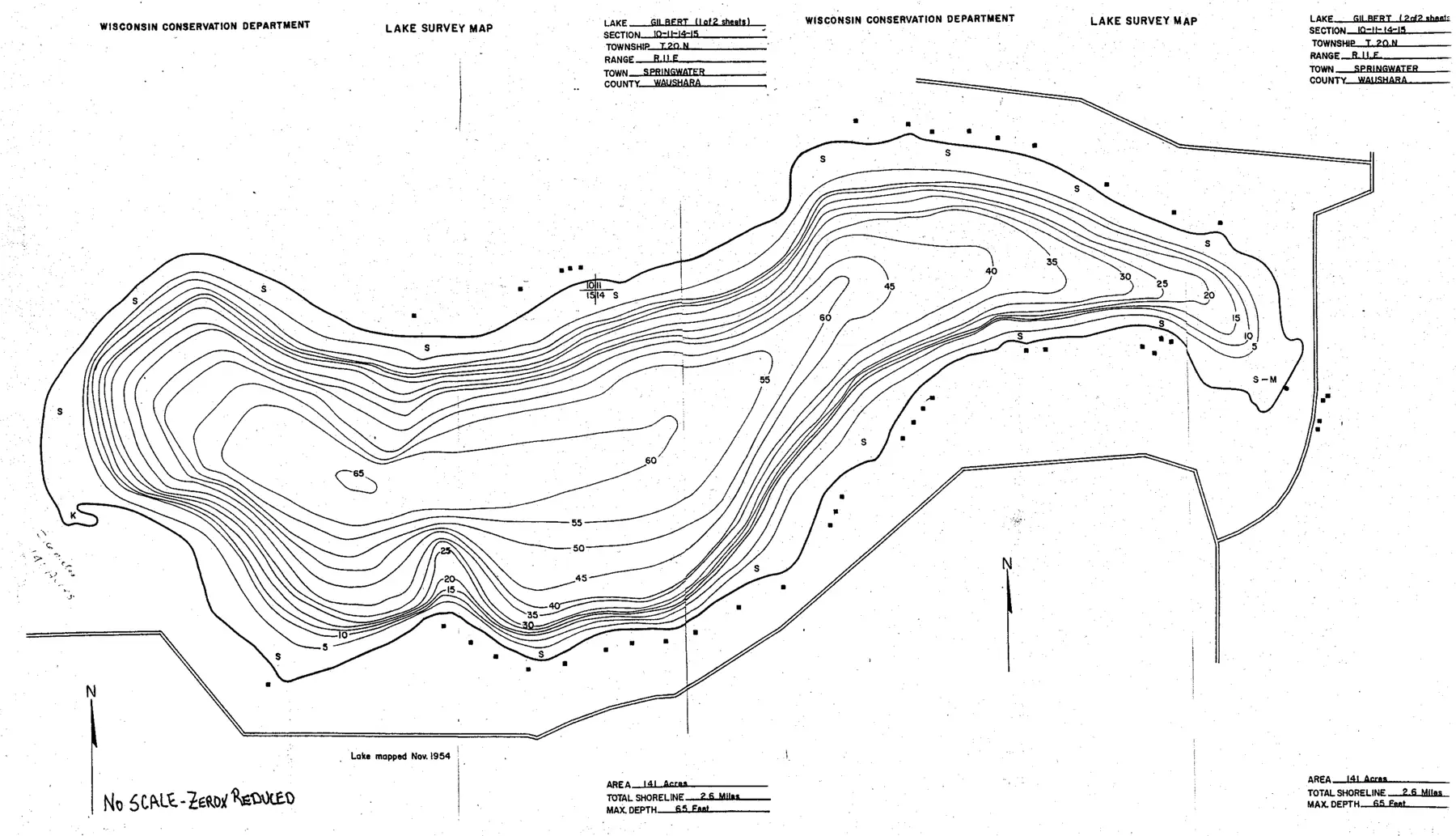 DNR survey map of Gilbert Lake, with depths in feet. Tap to zoom.