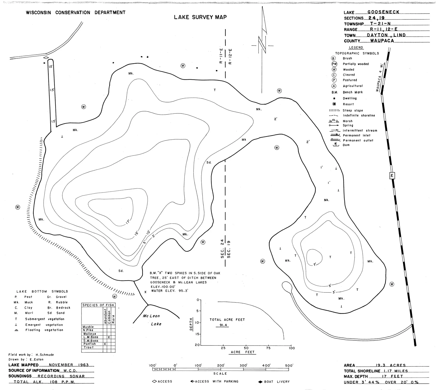 DNR survey map of Gooseneck Lake, with depths in feet. Tap to zoom.