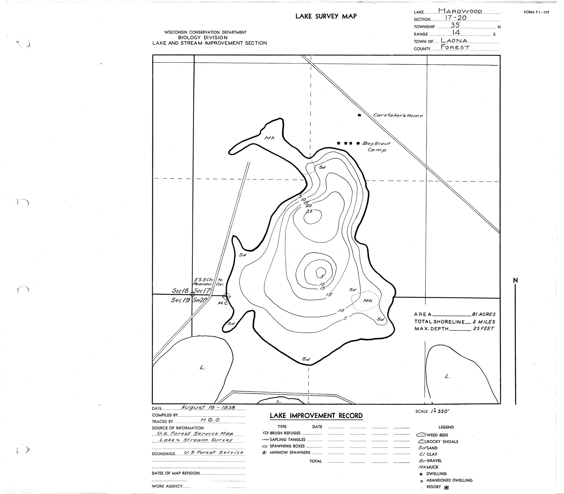 DNR survey map of Hardwood Lake, with depths in feet. Tap to zoom.