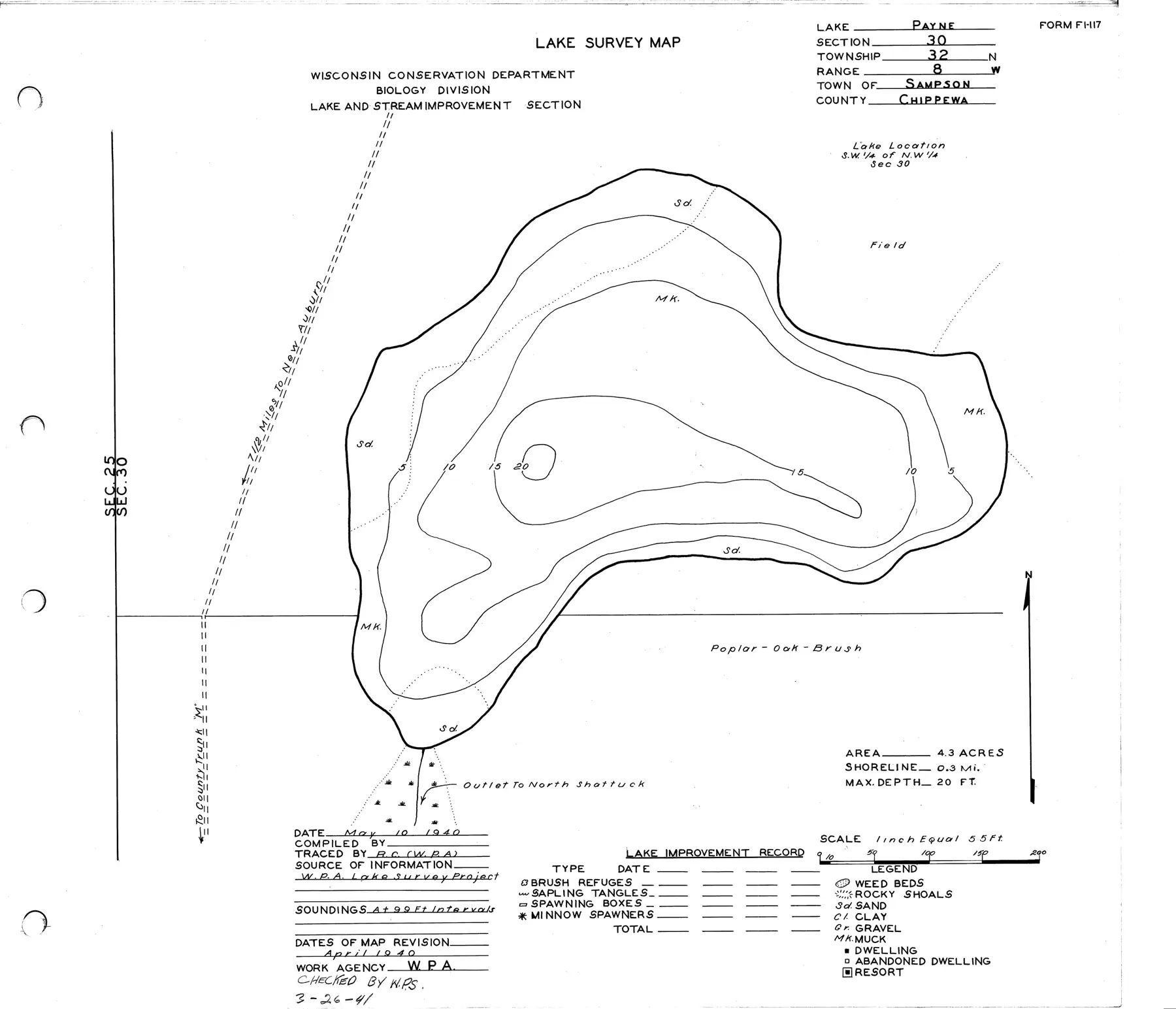 DNR survey map of Payne Lake, with depths in feet. Tap to zoom.