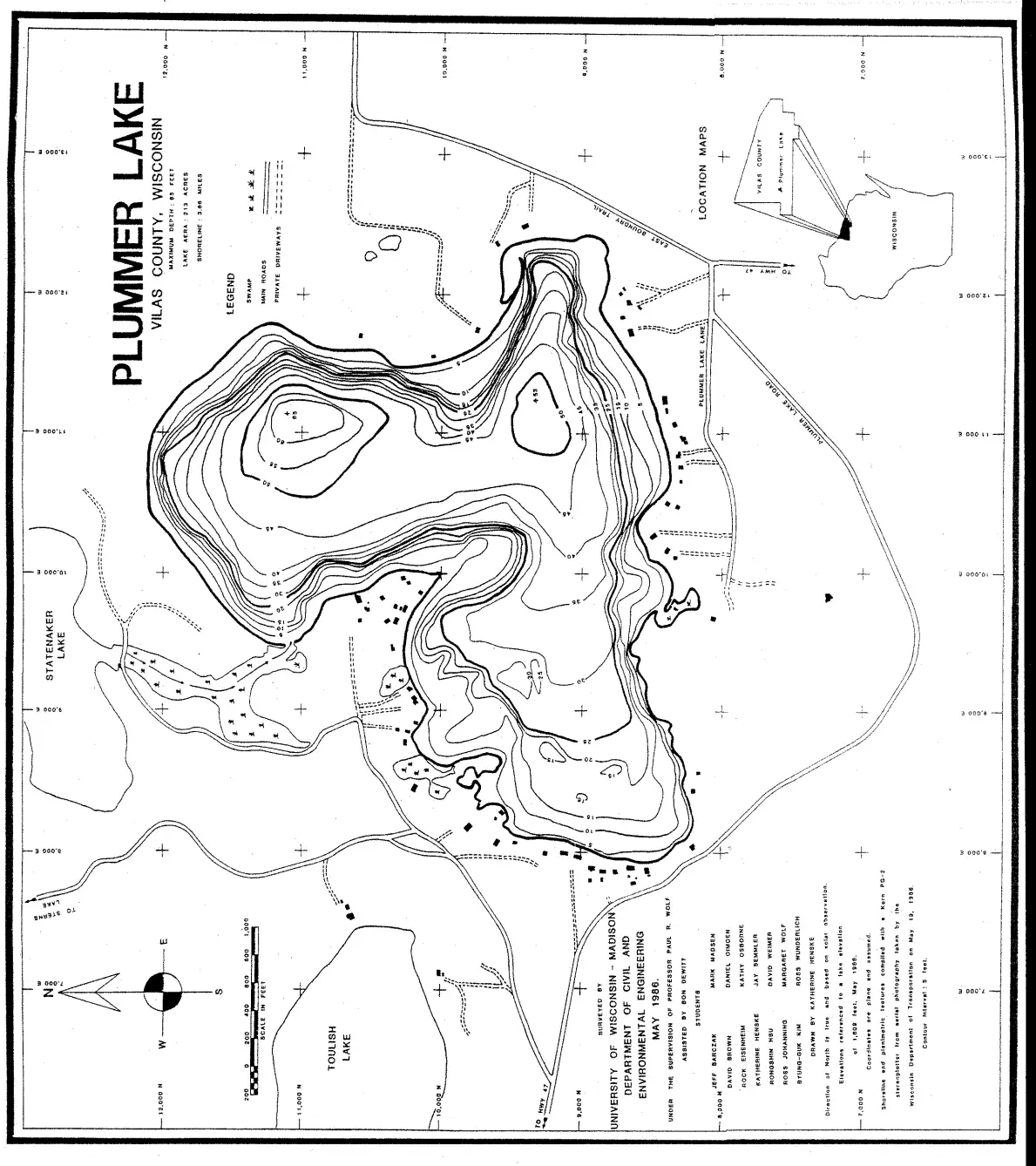 DNR survey map of Plummer Lake, with depths in feet. Tap to zoom.