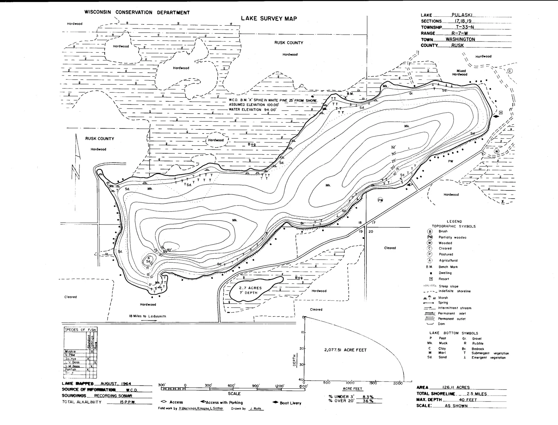 DNR survey map of Pulaski Lake, with depths in feet. Tap to zoom.