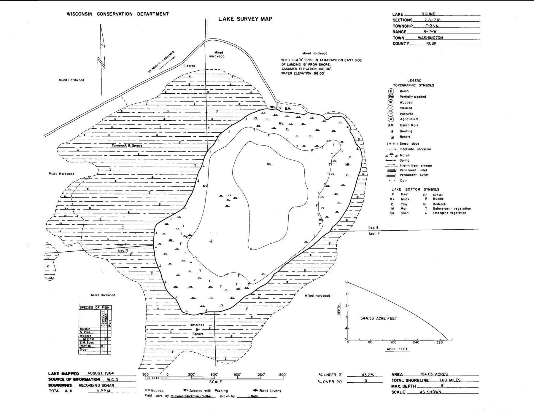 DNR survey map of Round Lake, with depths in feet. Tap to zoom.