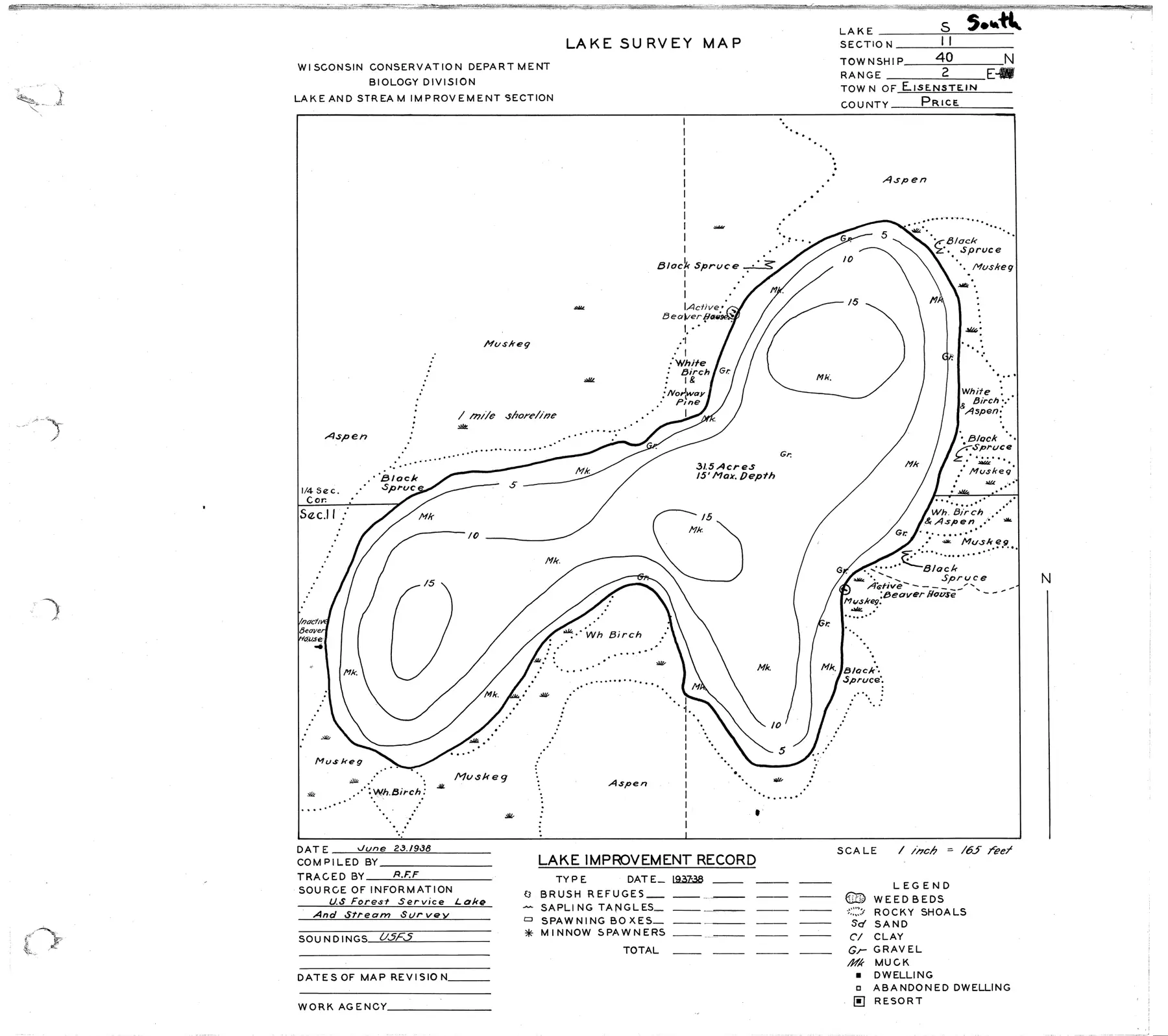 DNR survey map of South Lake, with depths in feet. Tap to zoom.