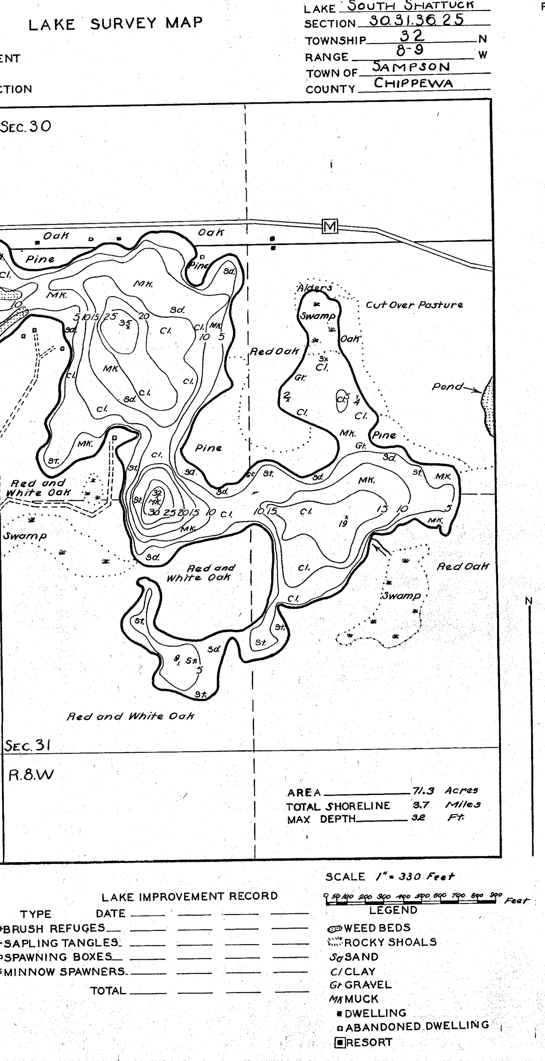 DNR survey map of South Shattuck Lake, sheet 2 of 3, with depths in feet. Tap to zoom.