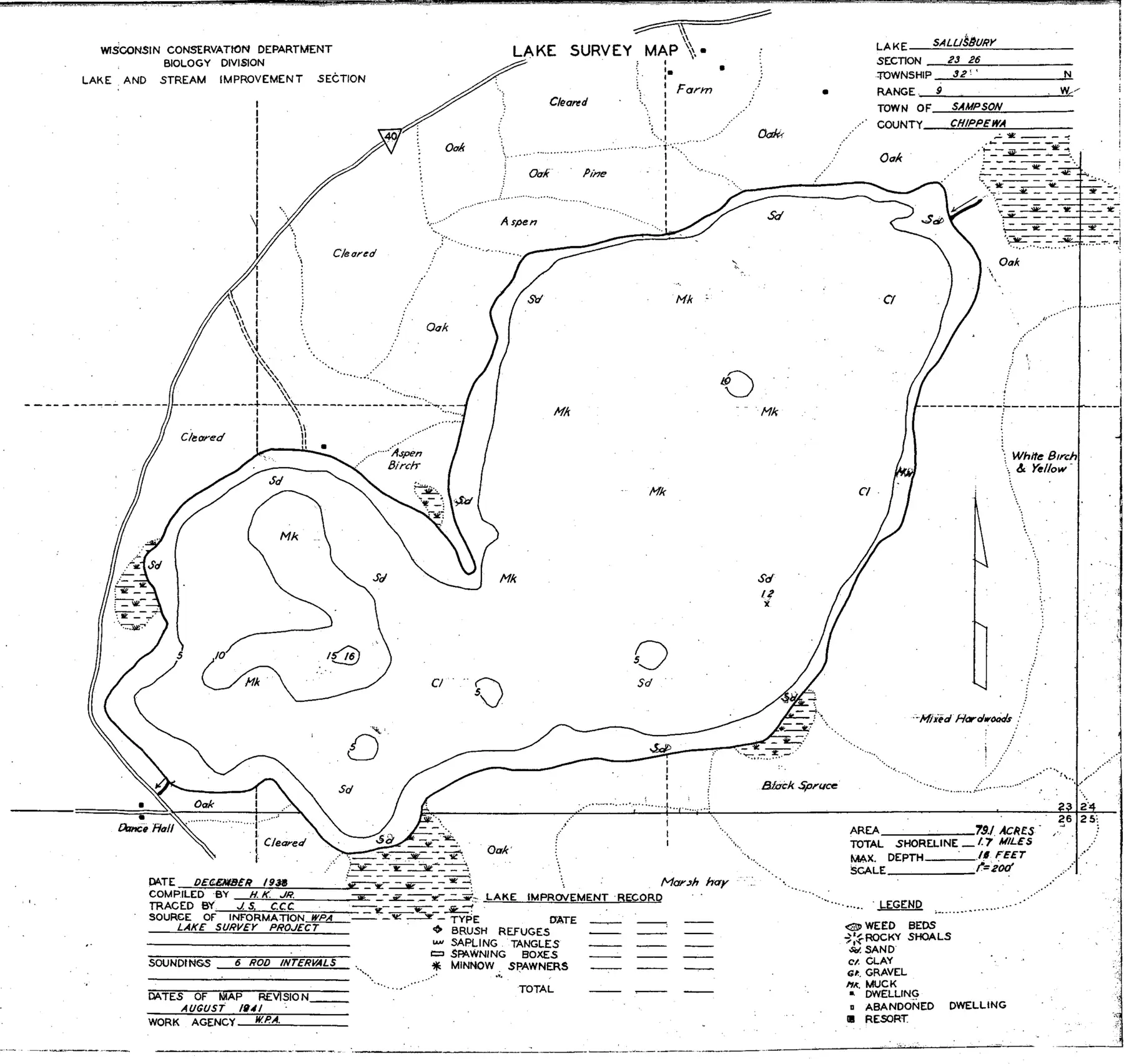 DNR survey map of Salisbury Lake, with depths in feet. Tap to zoom.