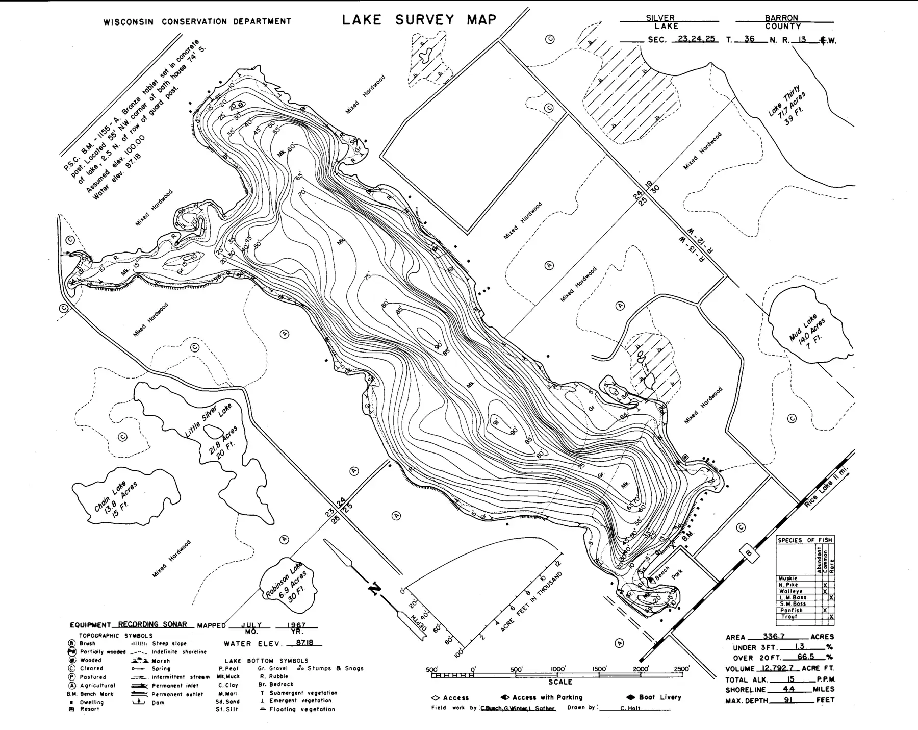 DNR survey map of Silver Lake, with depths in feet. Tap to zoom.