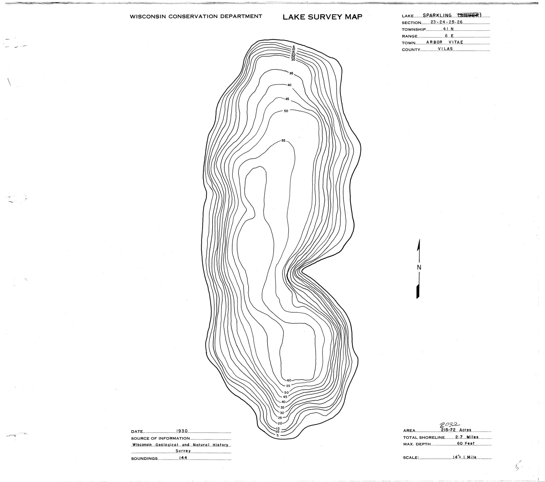 DNR survey map of Sparkling Lake, with depths in feet. Tap to zoom.