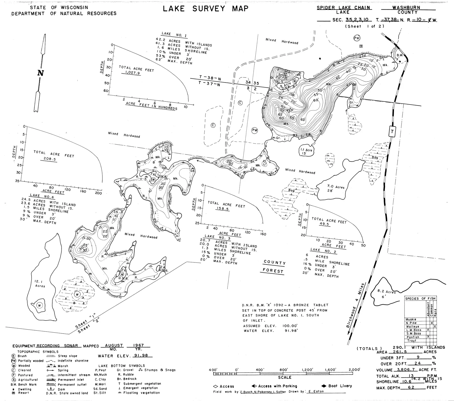 DNR survey map of Spider Lake, sheet 2 of 2, with depths in feet. Tap to zoom.