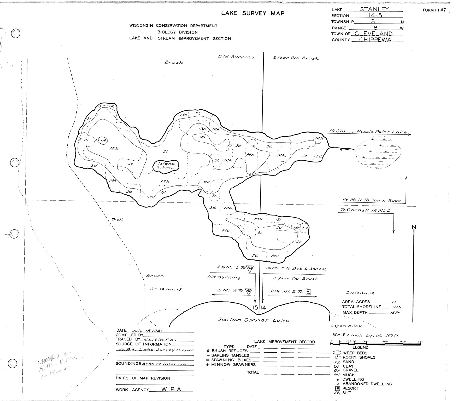 DNR survey map of Stanley Lake, with depths in feet. Tap to zoom.