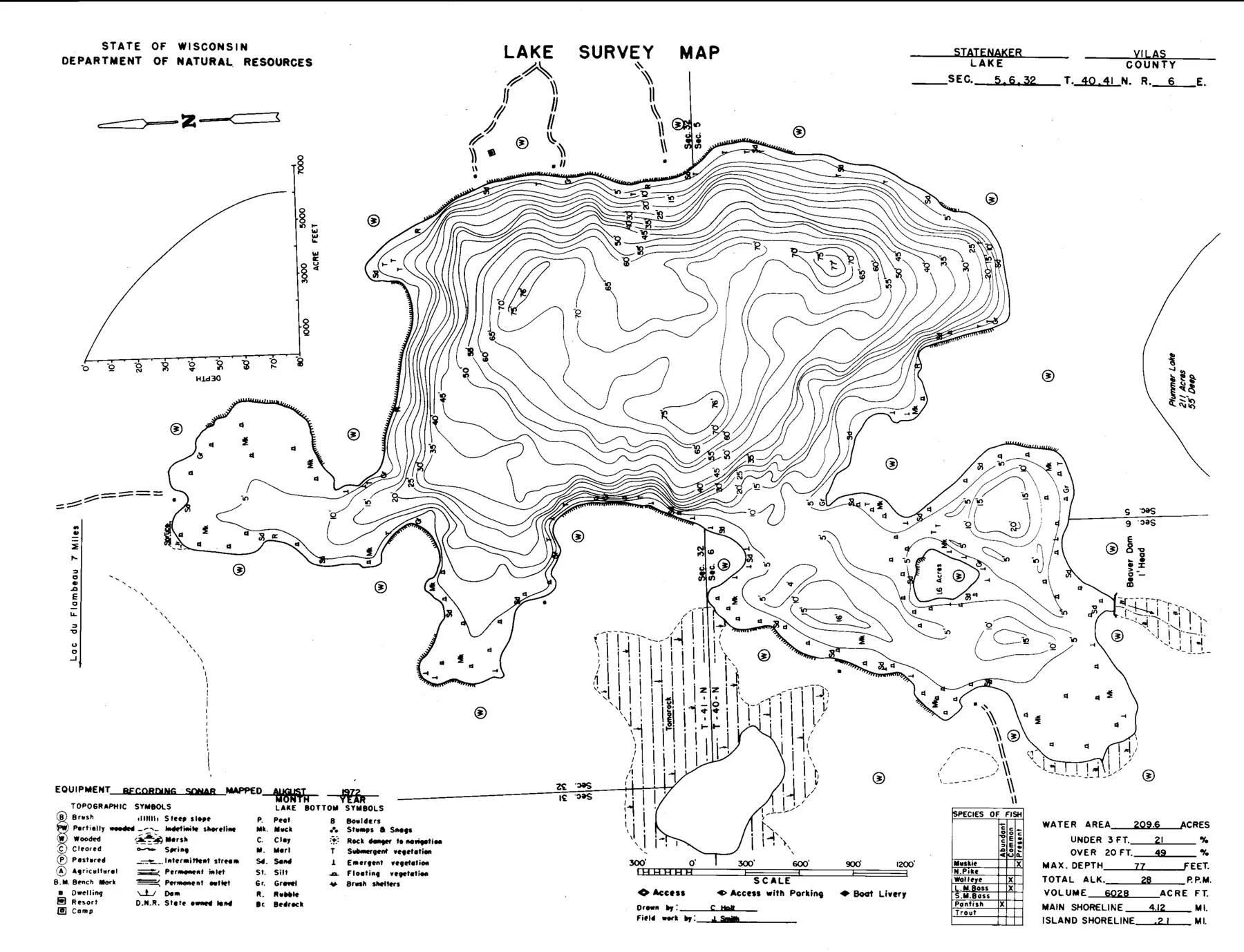 DNR survey map of Statenaker Lake, with depths in feet. Tap to zoom.
