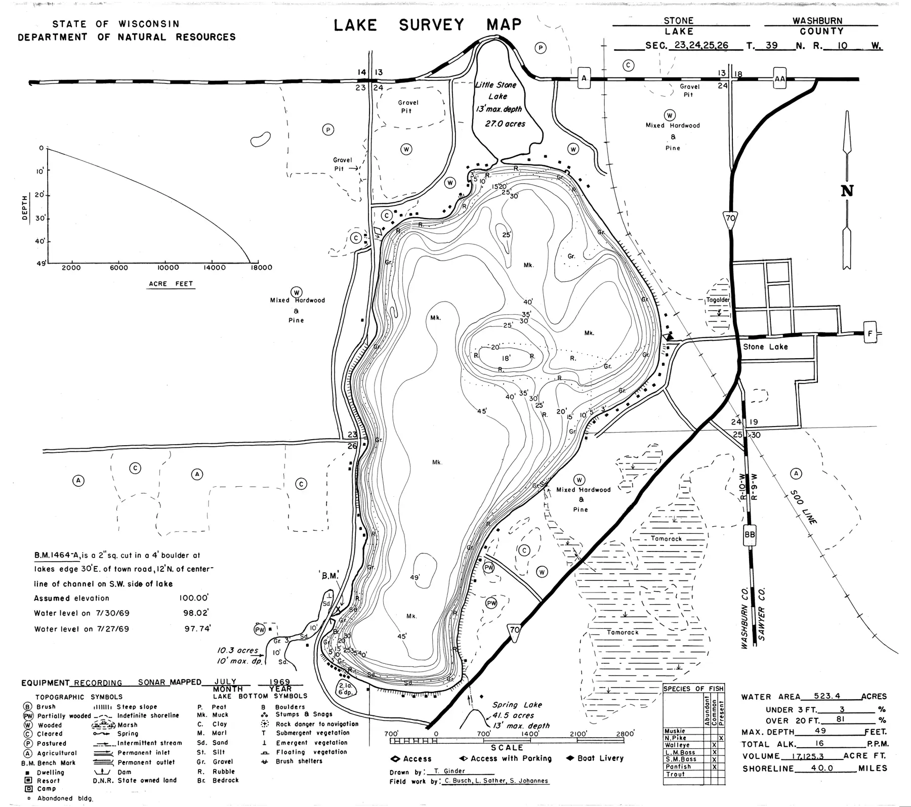 DNR survey map of Stone Lake, with depths in feet. Tap to zoom.