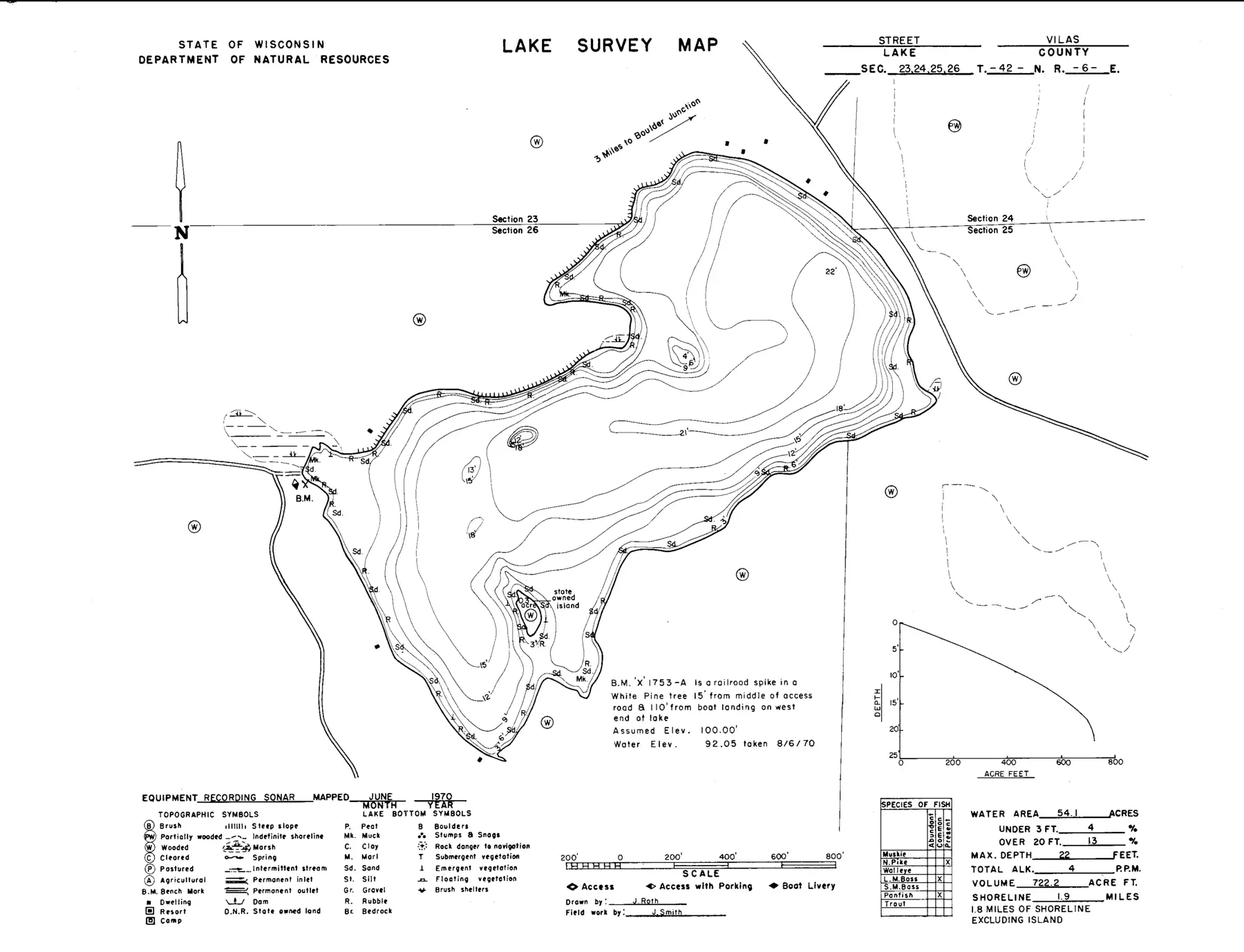DNR survey map of Street Lake, with depths in feet. Tap to zoom.