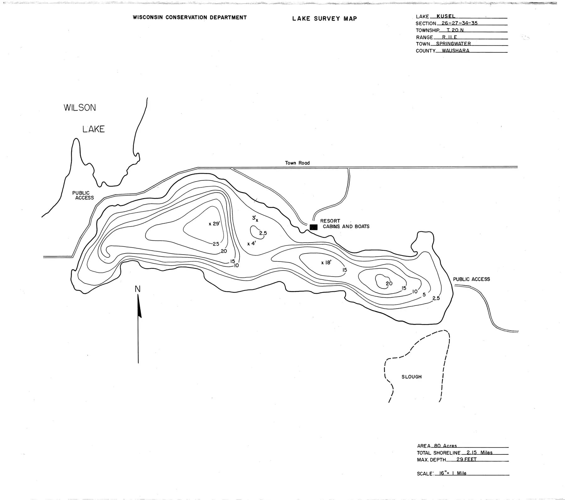DNR survey map of Kusel Lake, with depths in feet. Tap to zoom.